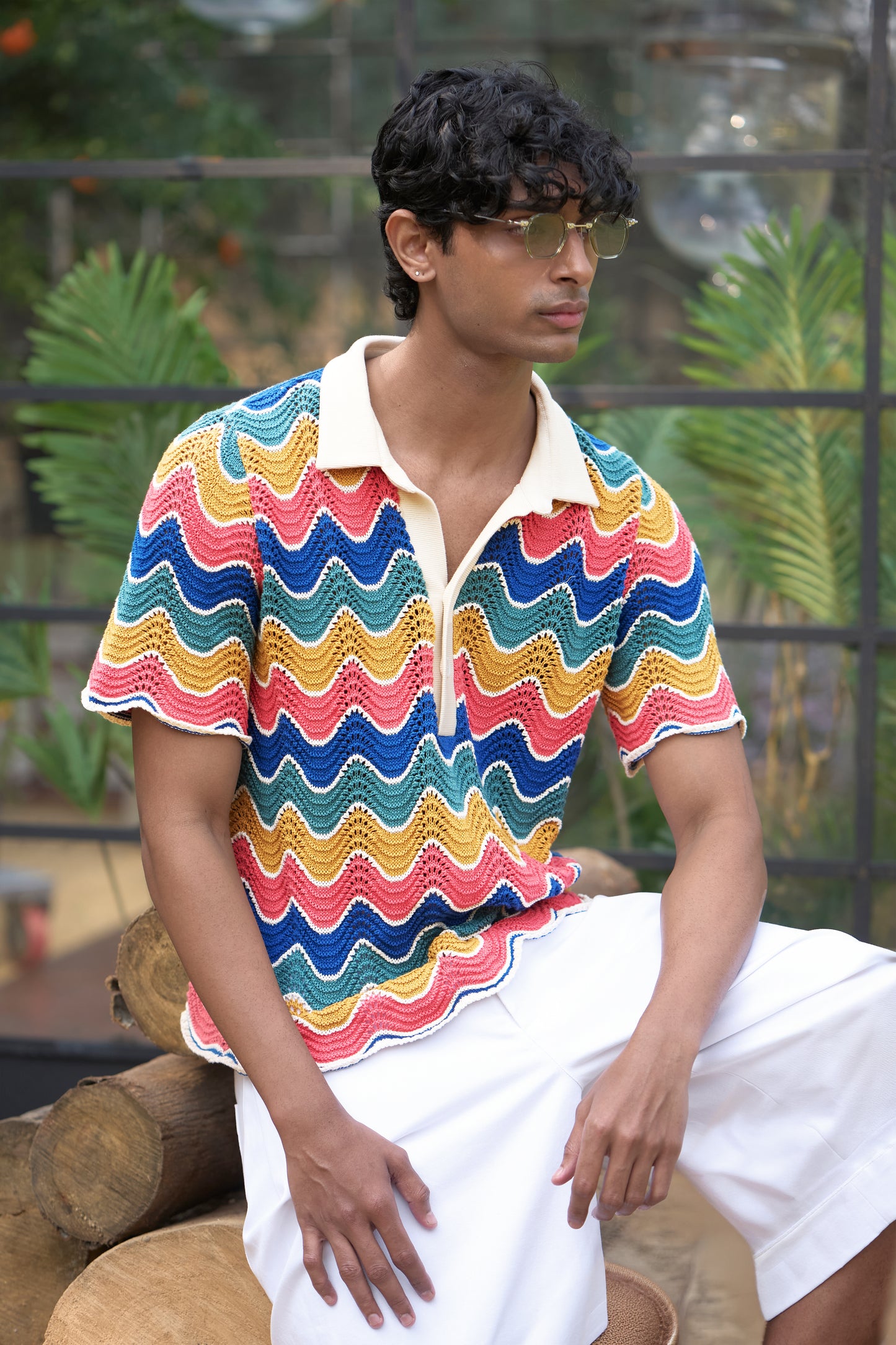 MULTICOLOUR KNIT POLO & IVORY DENIM JORTS