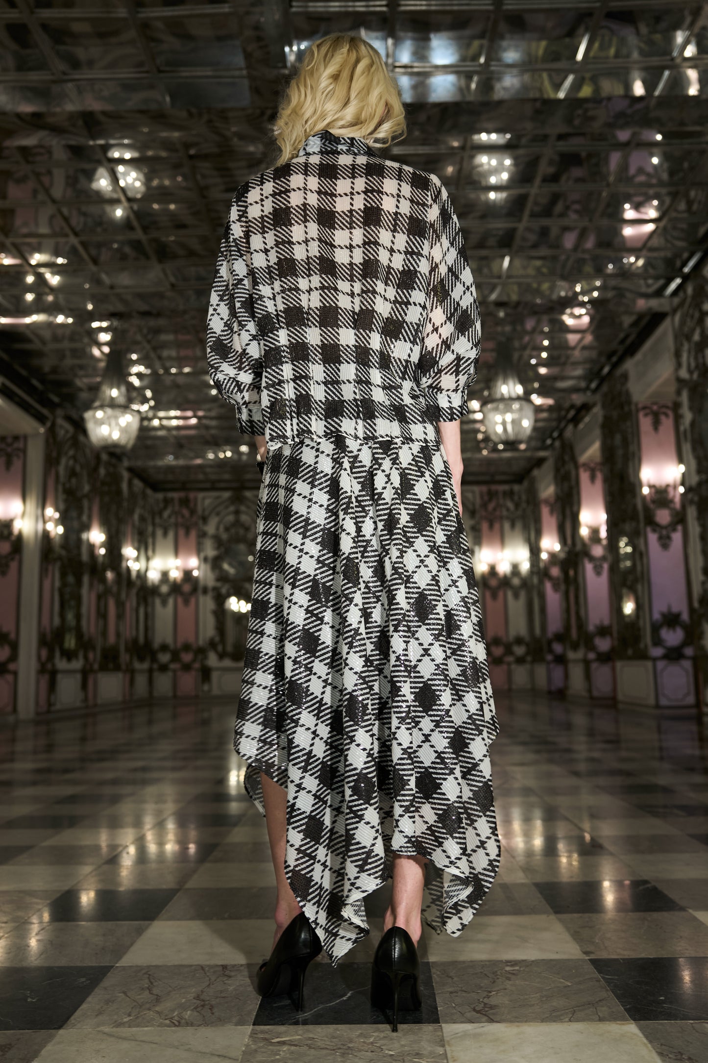 MONOCHROME SEQUIN DRAPE SHIRT & HANDKERCHIEF HEM SKIRT SET