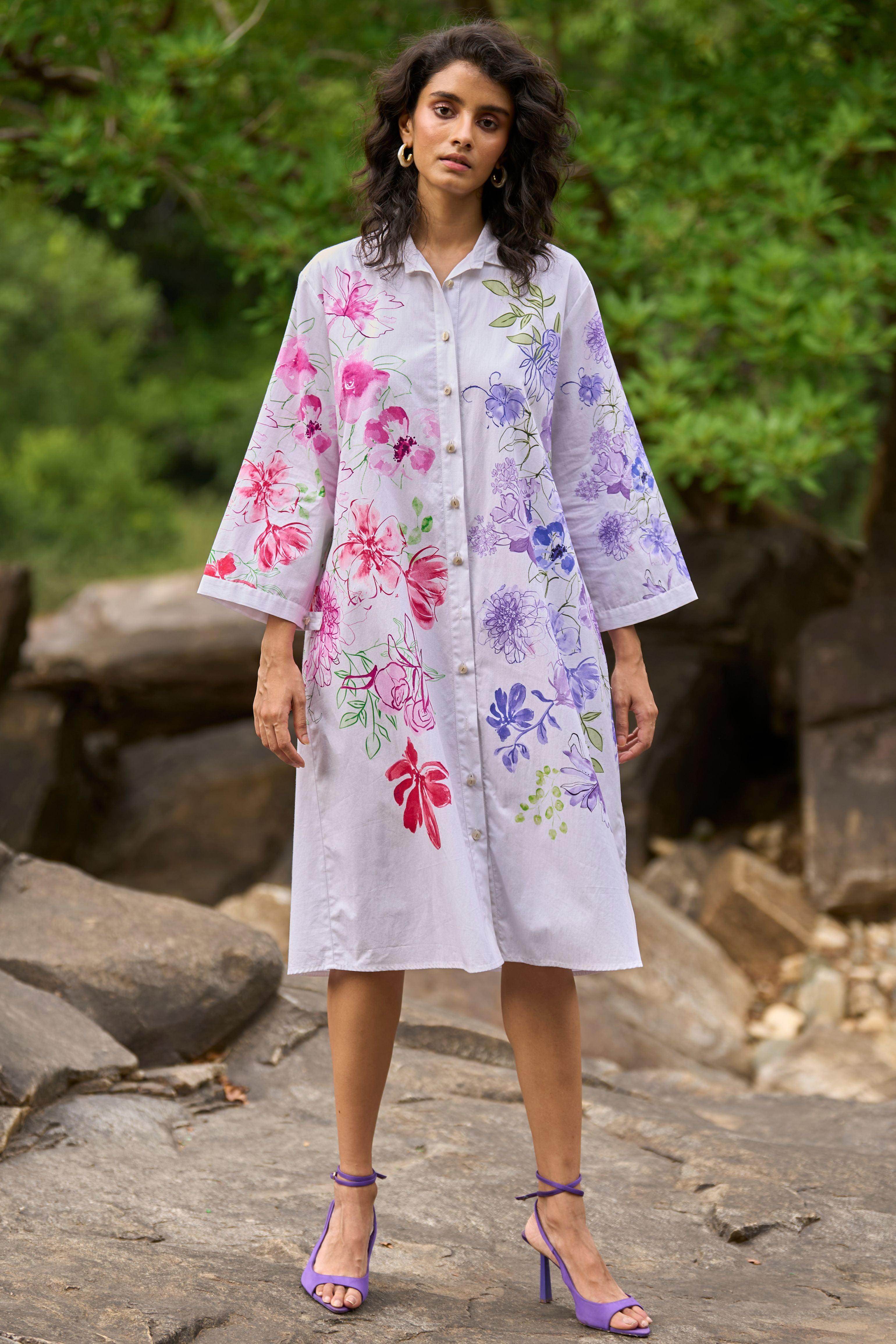 Asymmetric Floral Print Shirt Dress S / Multi