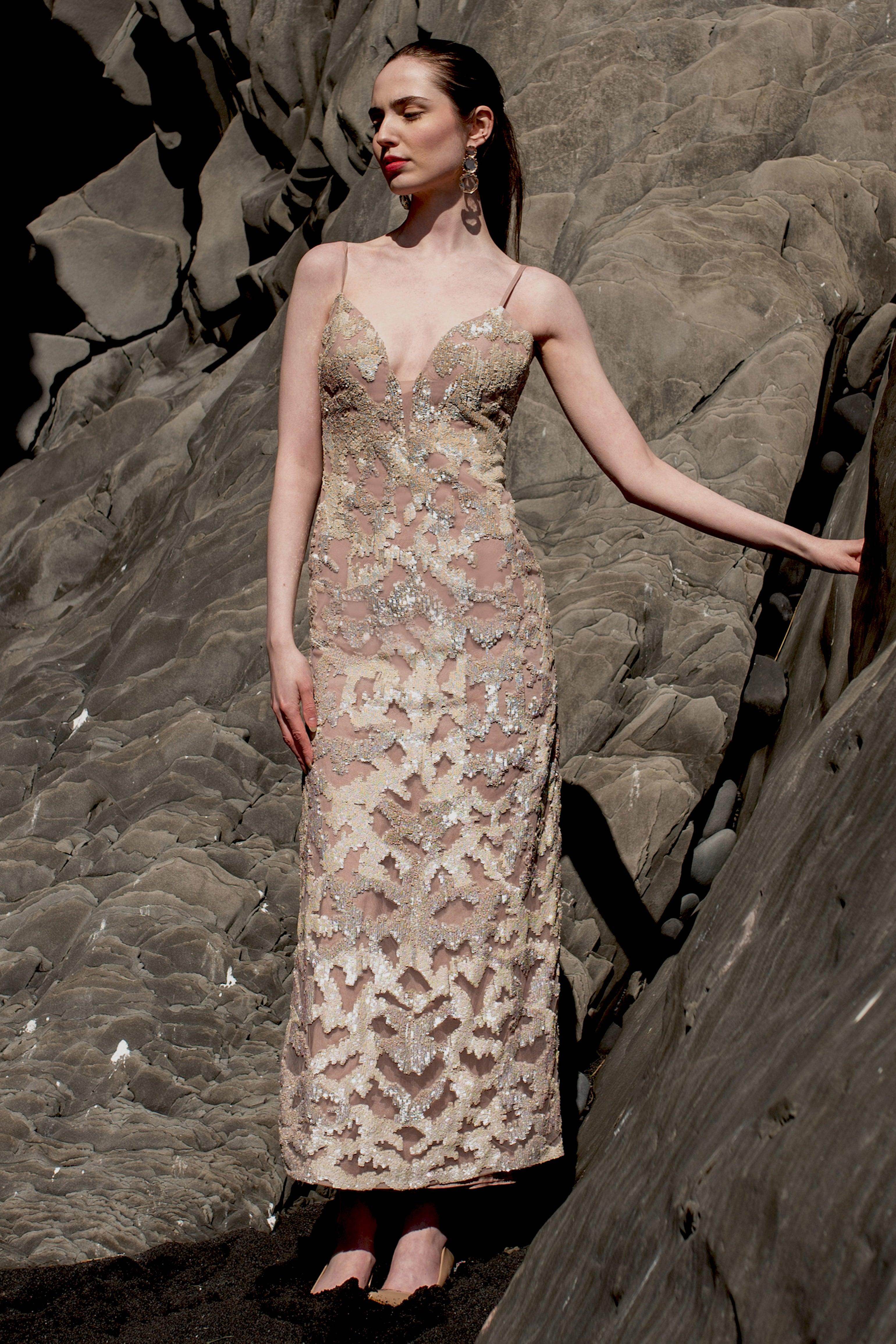 Dash and Dot - STATEMENT CHAMPAGNE SEQUIN EMBROIDERED GOWN | Online Store dash and dot Dash and Dot - STATEMENT CHAMPAGNE SEQUIN EMBROIDERED GOWN | Online Store dash and dot