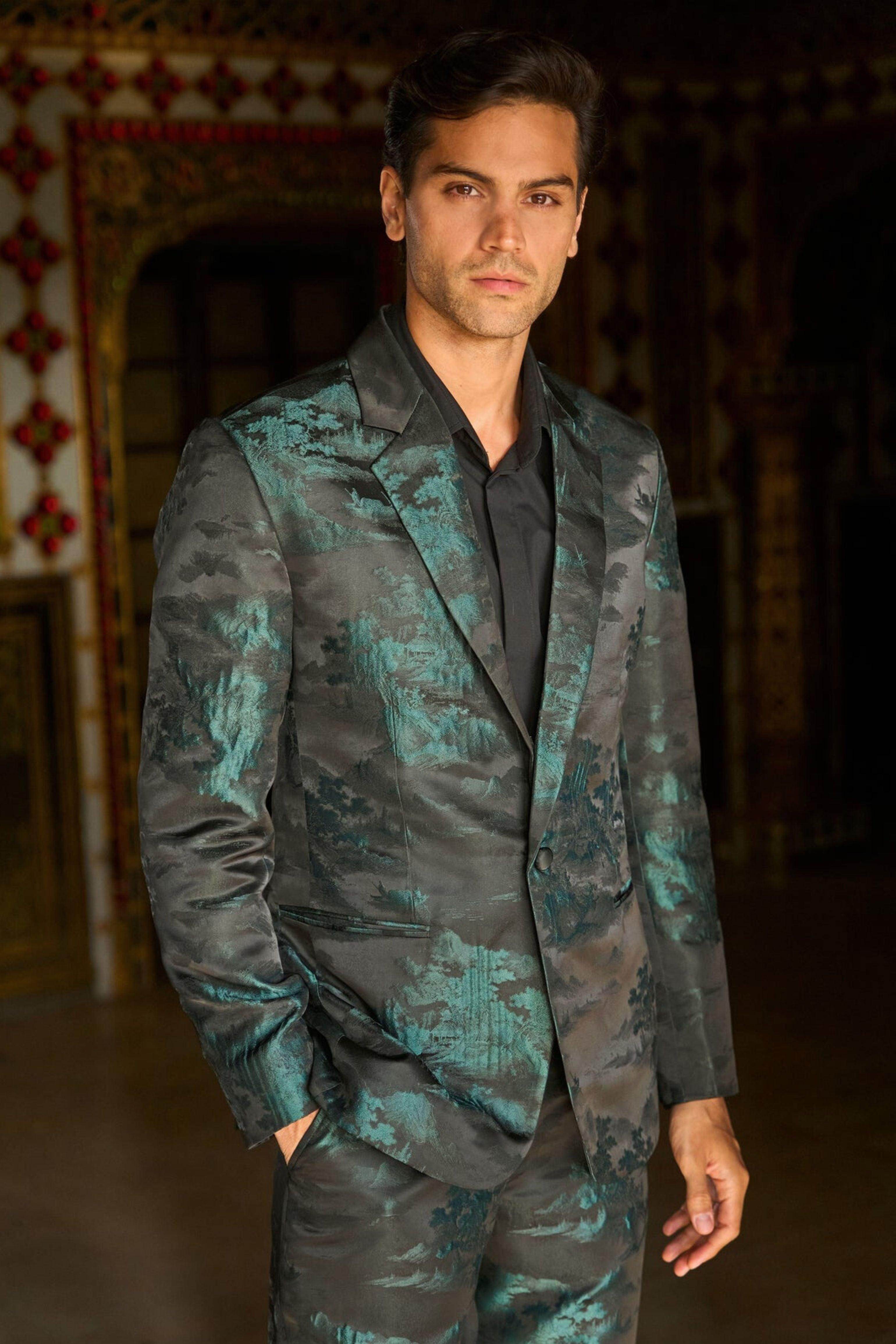 XS Black/Green TEXTURED JACQUARD BLAZER - Main Image
