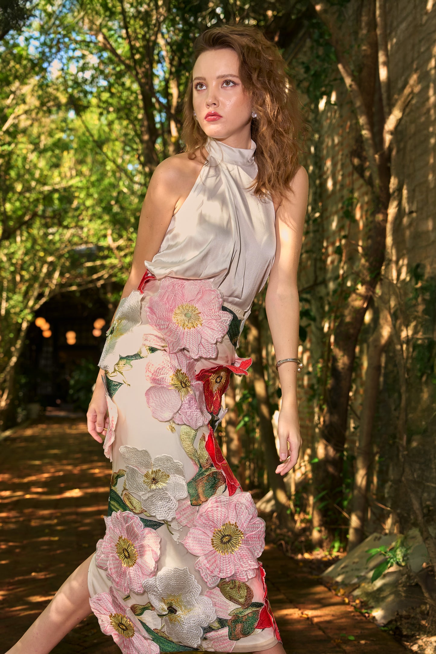 IVORY SATIN HALTER TOP & 3D FLORAL MIDI SKIRT