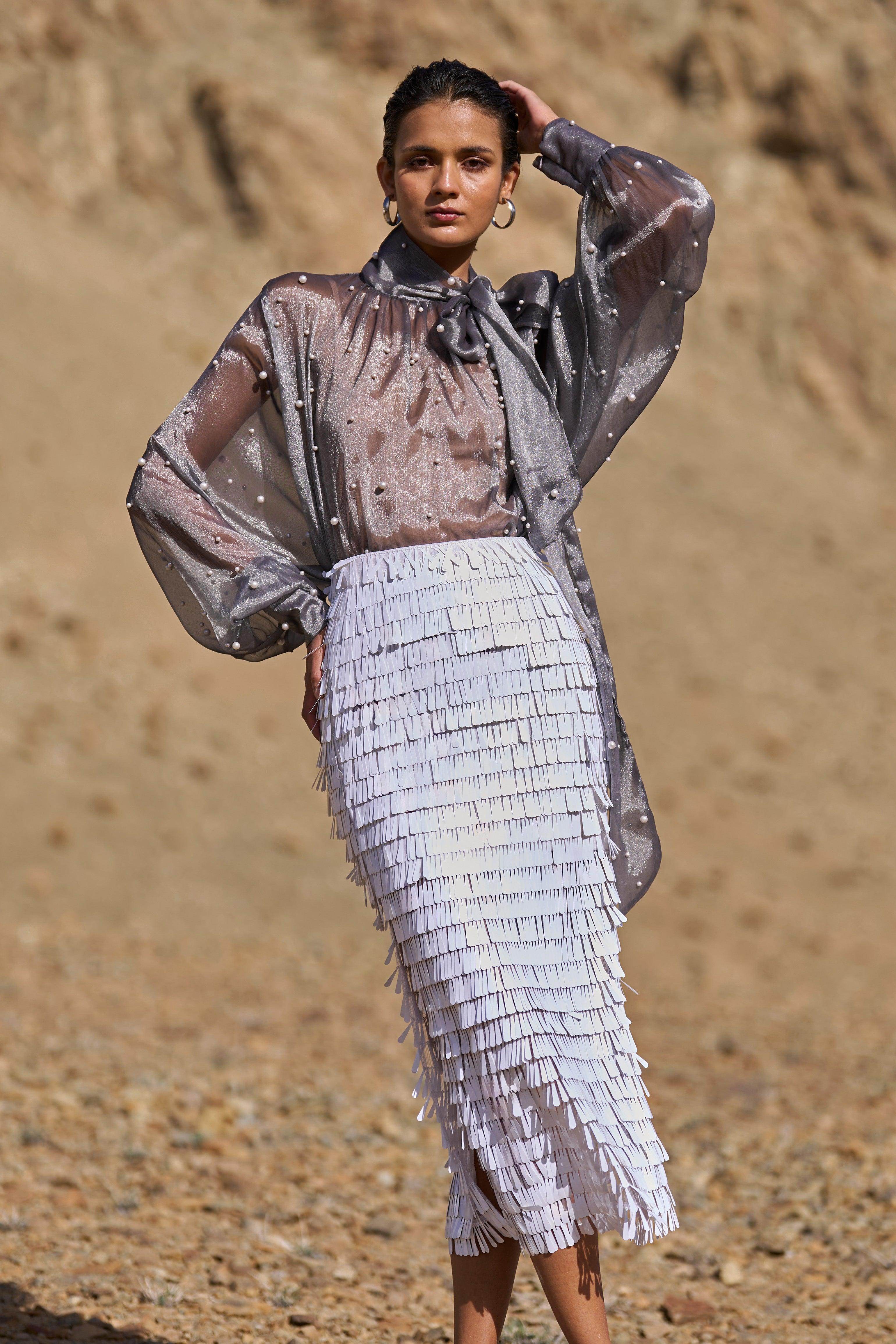 XXS WhiteCASCADING TEARDROP SEQUIN SKIRT