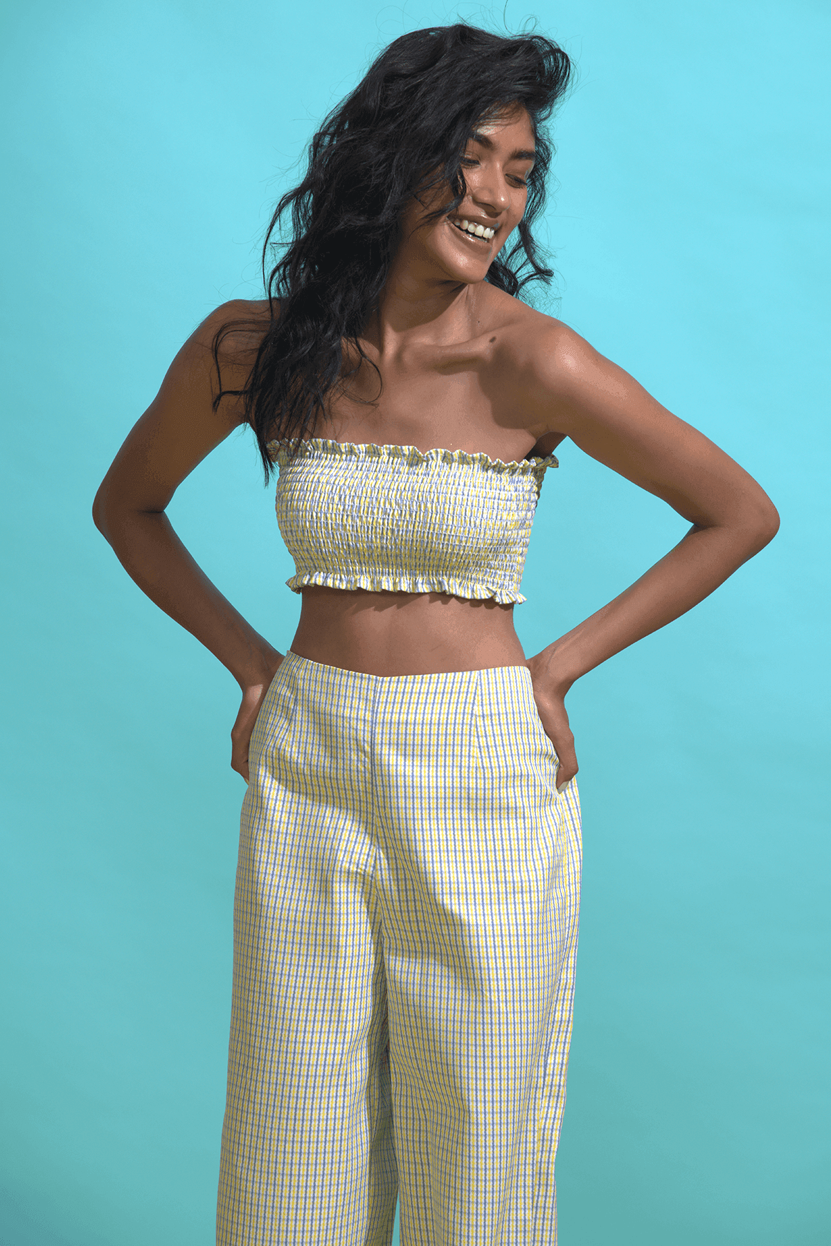 YELLOW BLUE CHECK BANDEAU - dash and dot