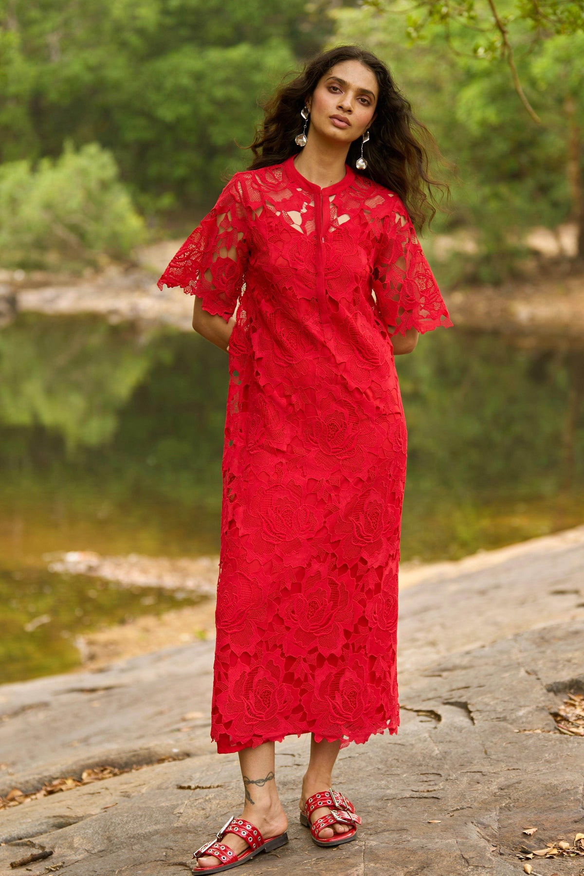 open lace back dress Dash and Dot - RED LACE MIDI