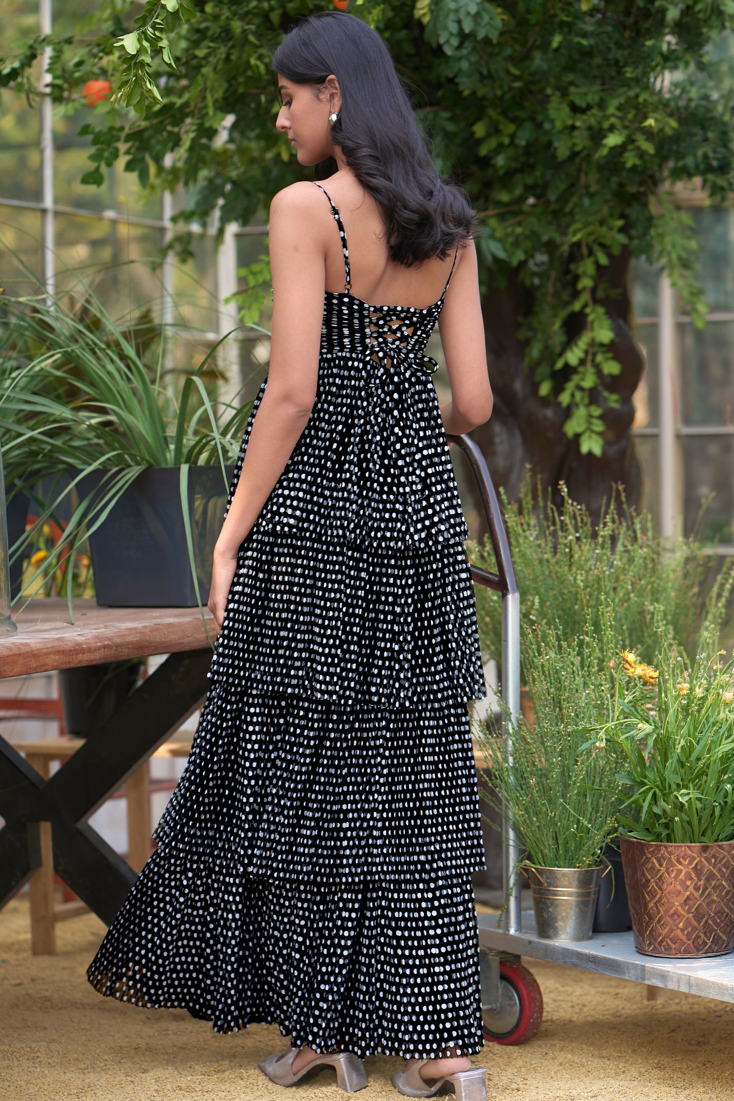 PLEATED POLKA DOT TIERED MAXI
