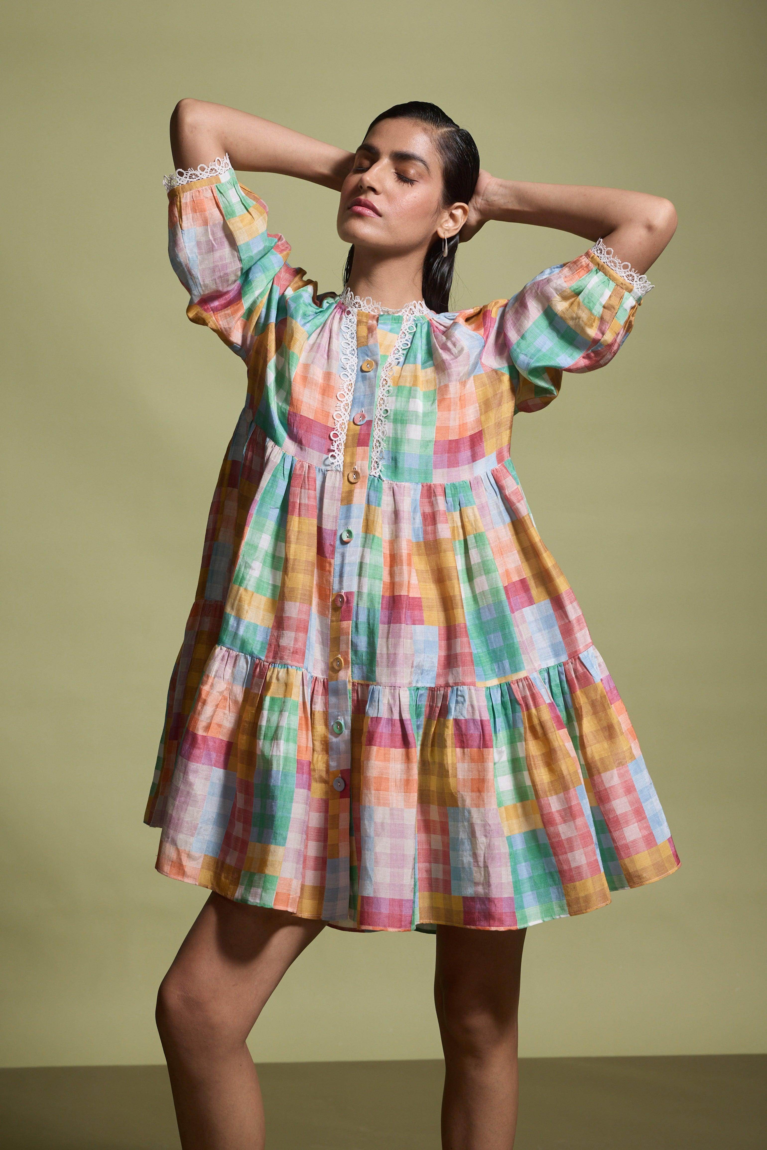 knee length dresses for ladies Multicolour Check Tiered Midi Dress M / Multi