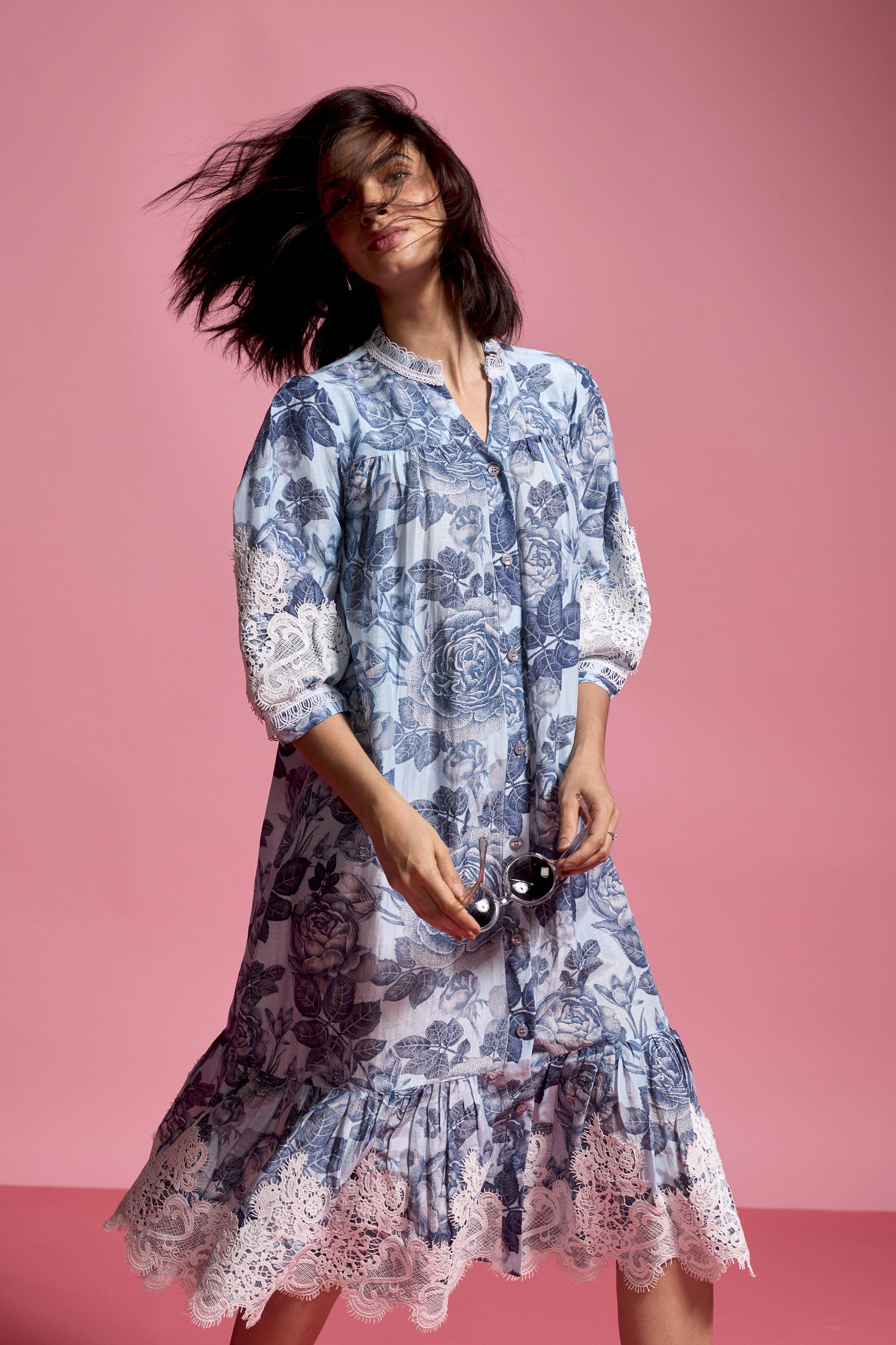 Blue Floral Linen Midi L / Blue Multi Blue Floral Linen Midi L / Blue Multi