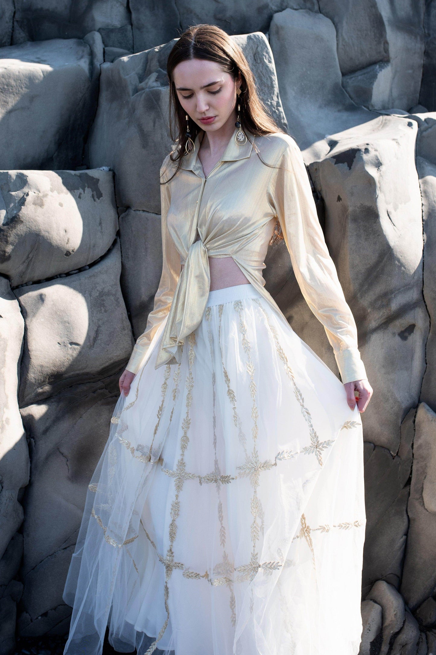 CHAMPAGNE GOLD SHIRT AND GOTA EMBROIDERED MAXI SKIRT SET - dash and dot