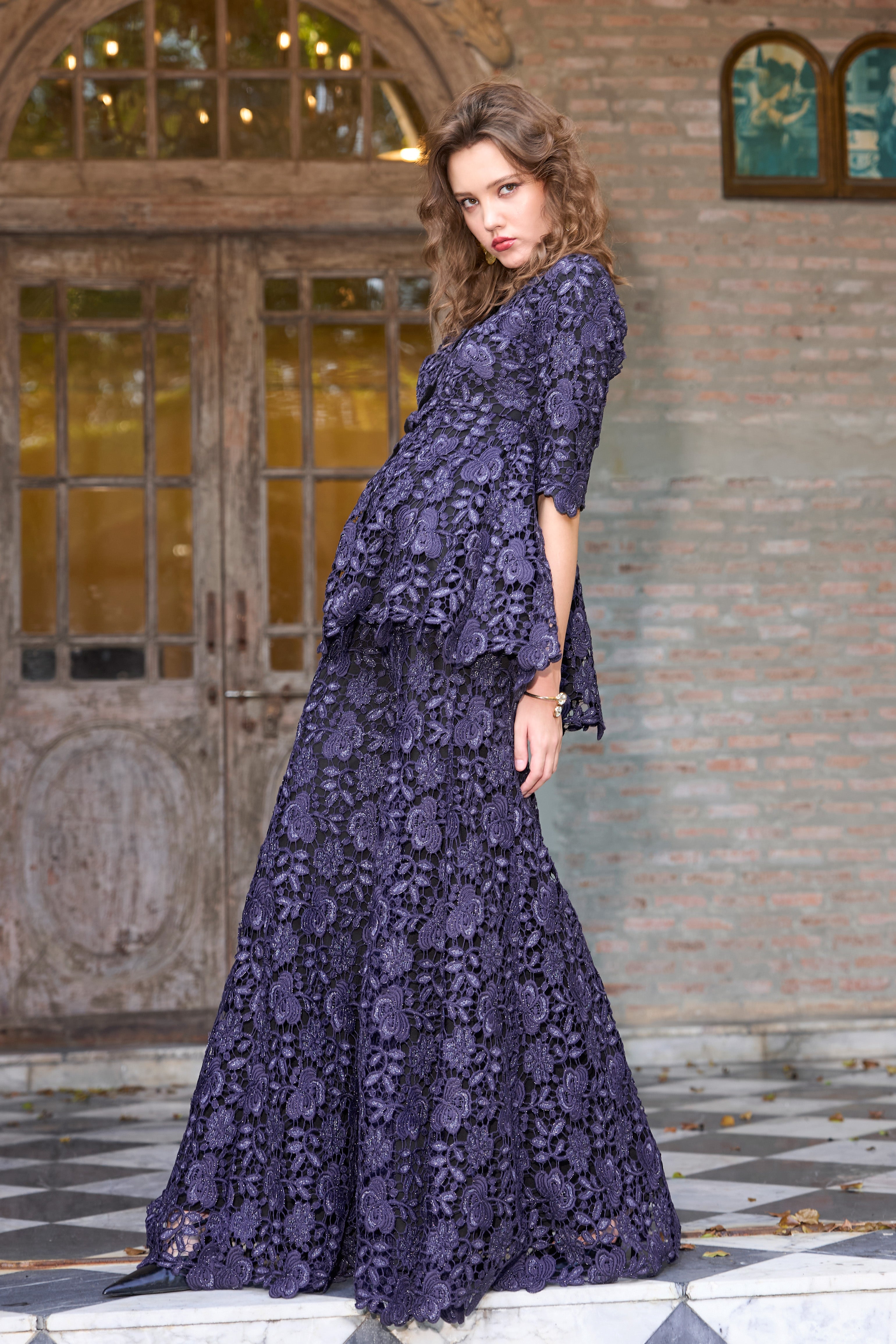 Dash and Dot - EMBROIDERED LACE PEPLUM TOP AND PANT SET