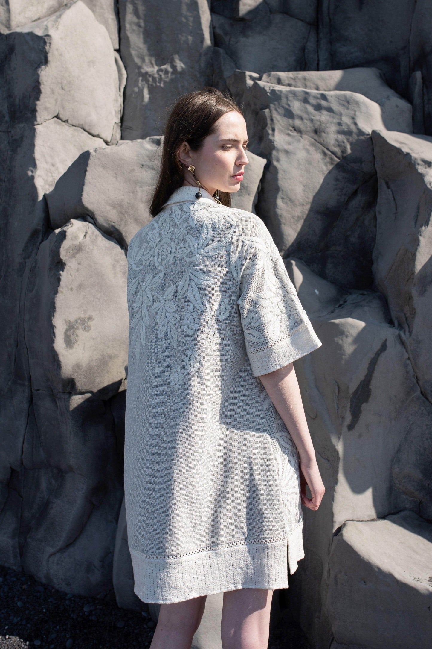 WHITE RIBBON EMBROIDERED SHIRT DRESS - dash and dot