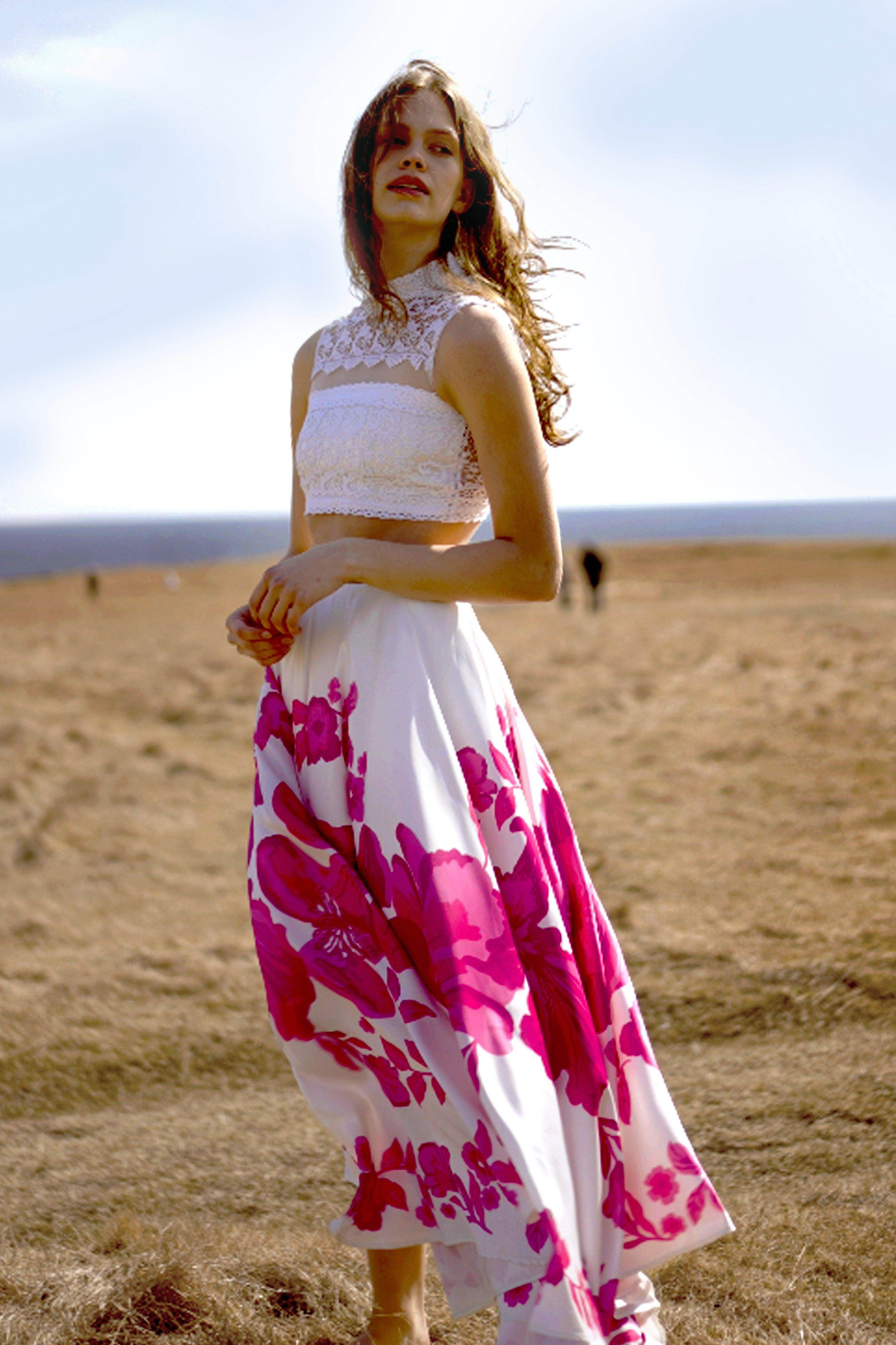 XXS XXS White Pink LACE CROP TOP AND FLORAL MAXI SKIRT SET