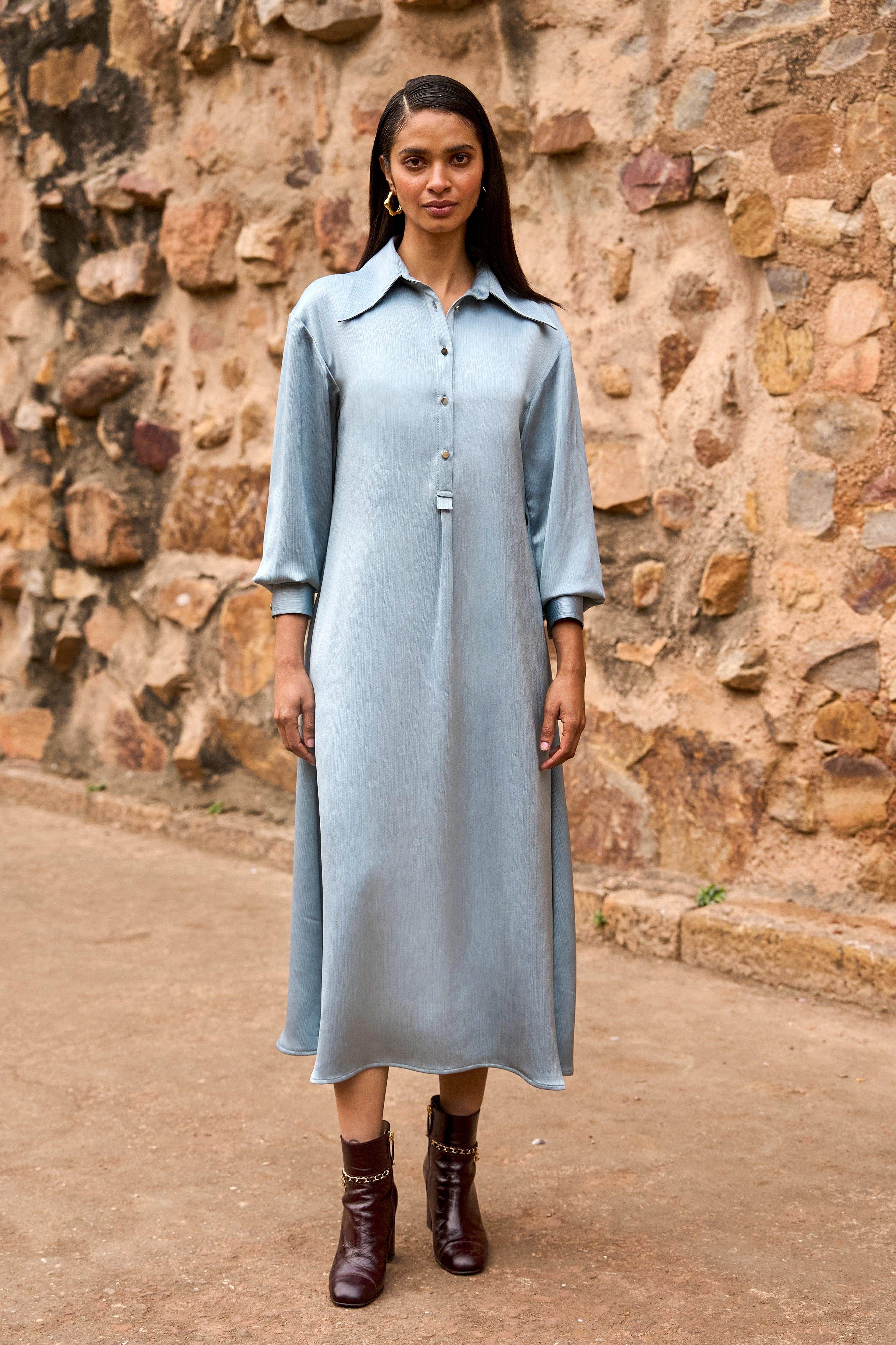 Textured Satin Shirt Dress Xs / Petrol Textured Satin Shirt Dress Xs / Petrol