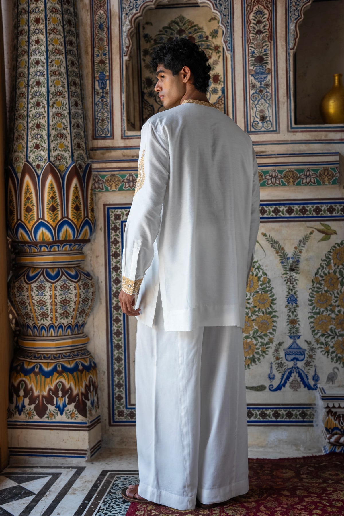 Metallic Thread Embroidered Ivory Shirt & Wide-Legged Pant