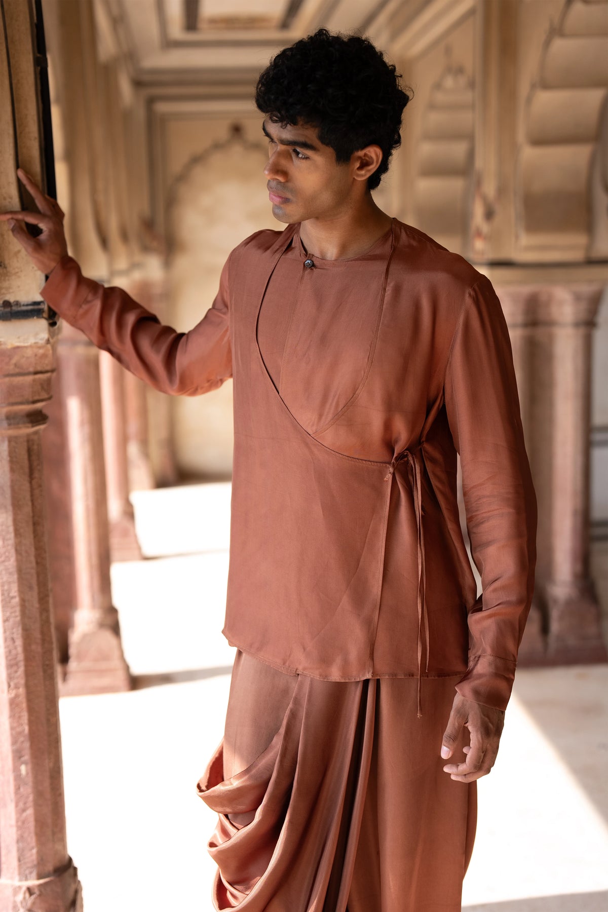 Satin Twill Overlap Shirt & Asymmetric Drape Cowl Pant