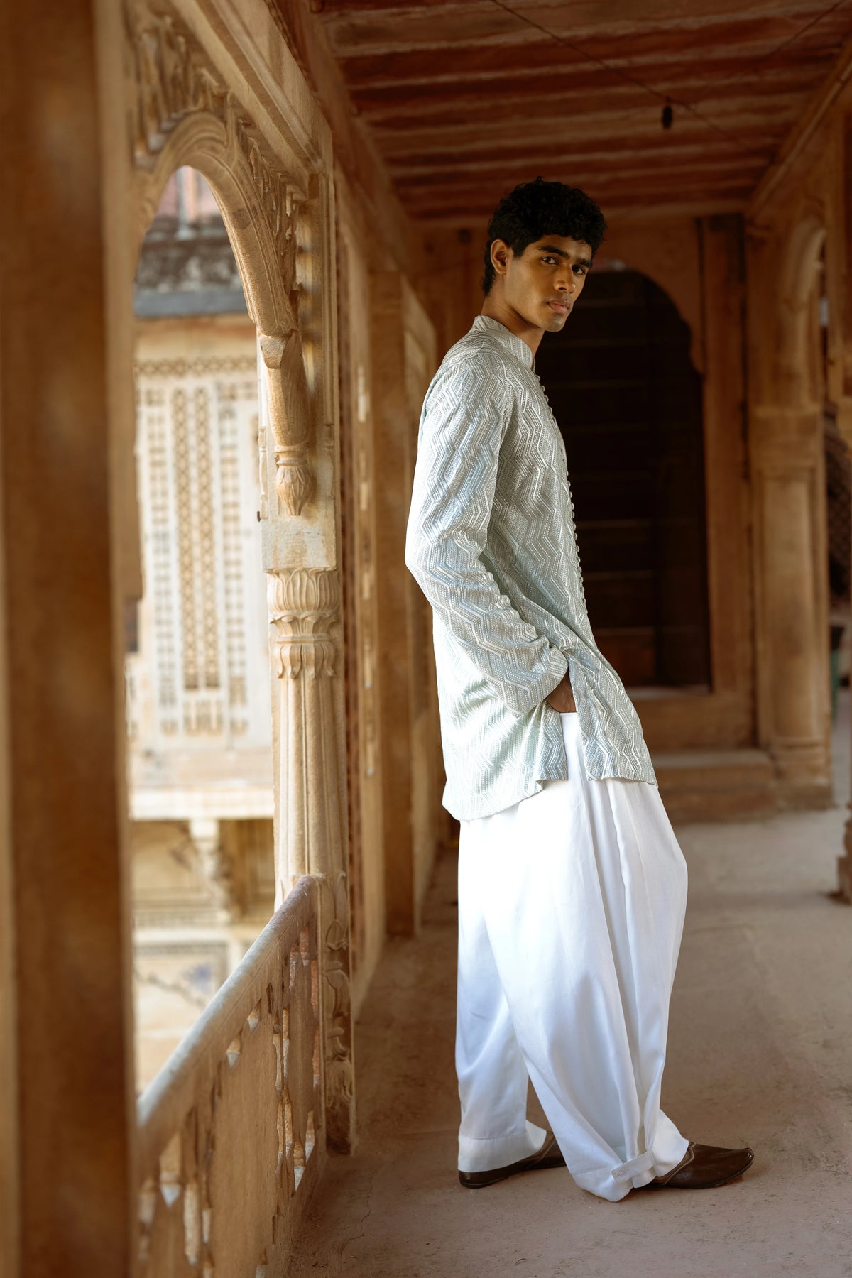 Chevron Stripe Embroidered Longline Shirt & Wide-Legged Pant