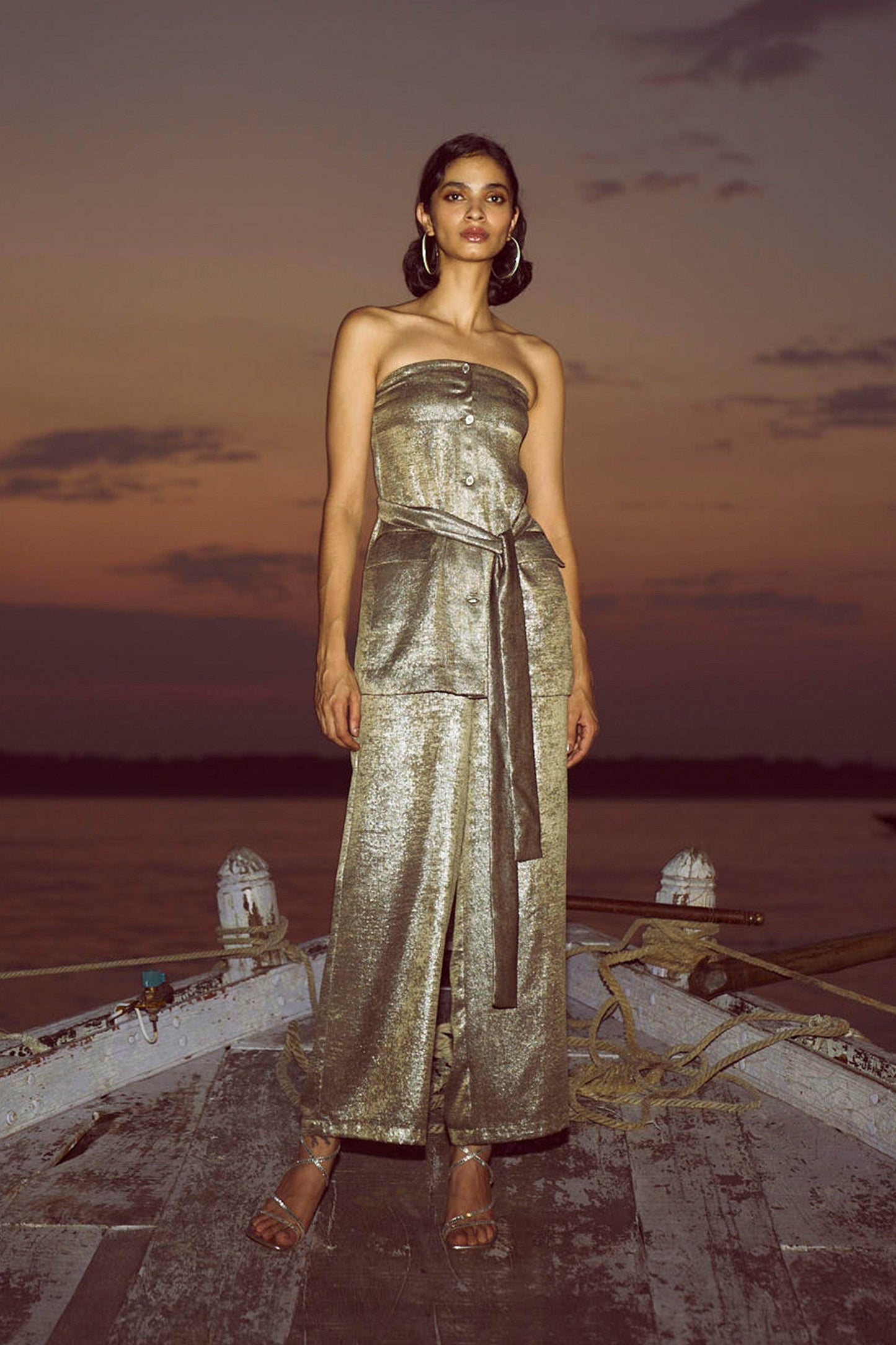 OFF-SHOULDER LAMÉ PANT SET - dash and dot