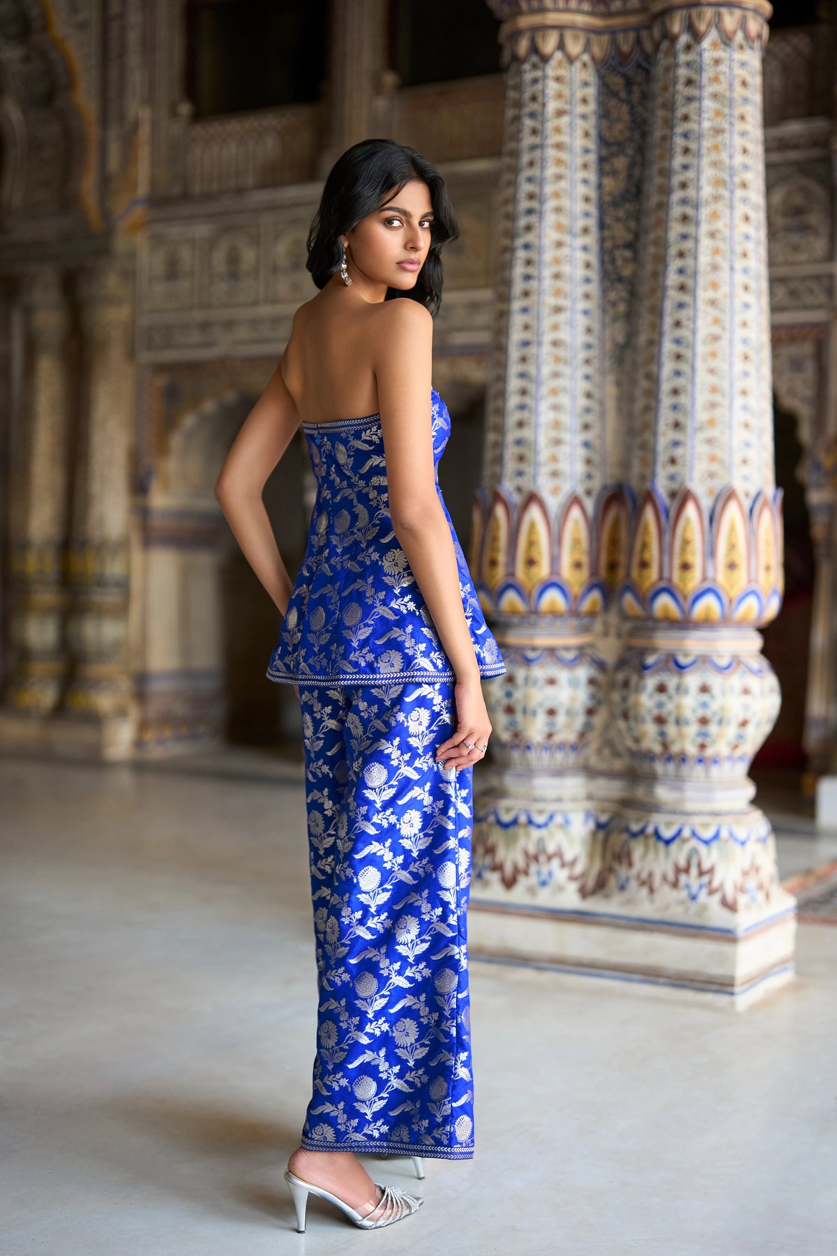 BENARES BROACDE OFF SHOULDER PEPLUM TOP & WIDE-LEGGED PANT SET