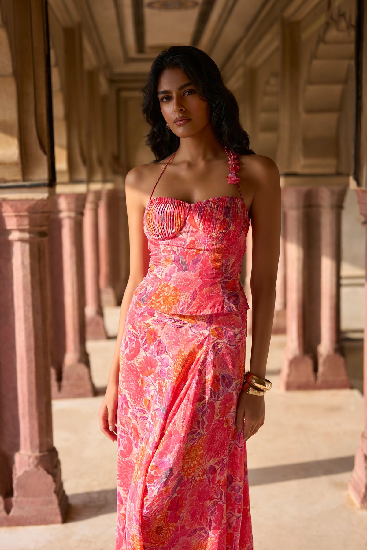 FLORAL PRINTED PLEATED CORSET