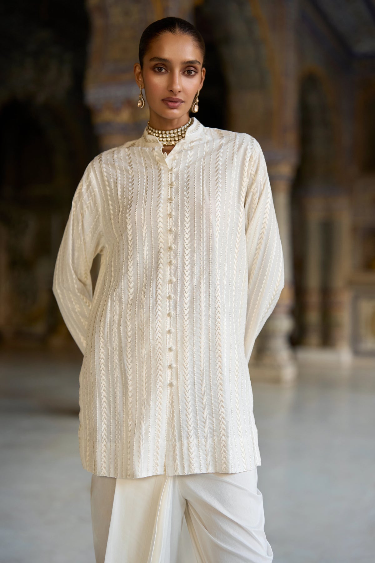 EMBROIDERED BLAZER JACKET, LONGLINE SHIRT & DRAPED DHOTI PANT
