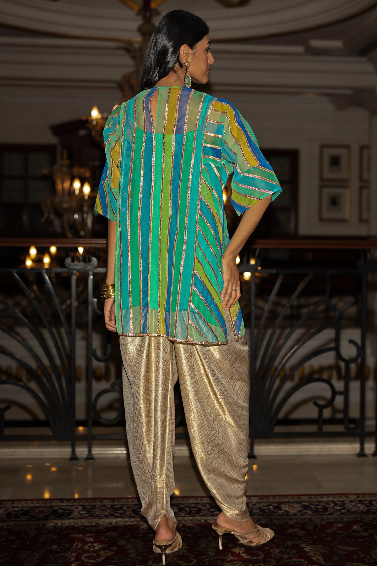 RIBBON EMBROIDERED STRIPED BOXY TOP & BROCADE TULIP PANT