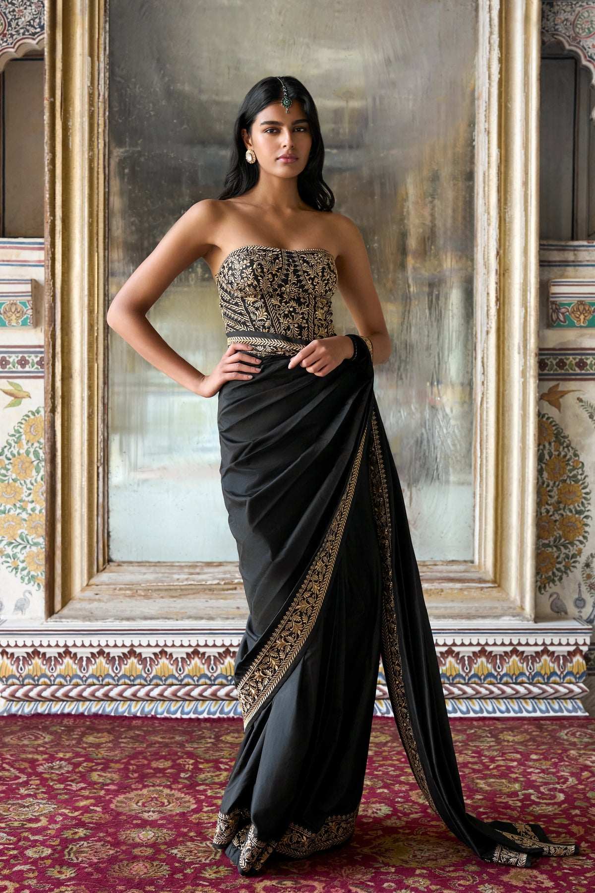METALLIC THREAD EMBROIDERED BRALETTE & SARI DRAPE SKIRT SET