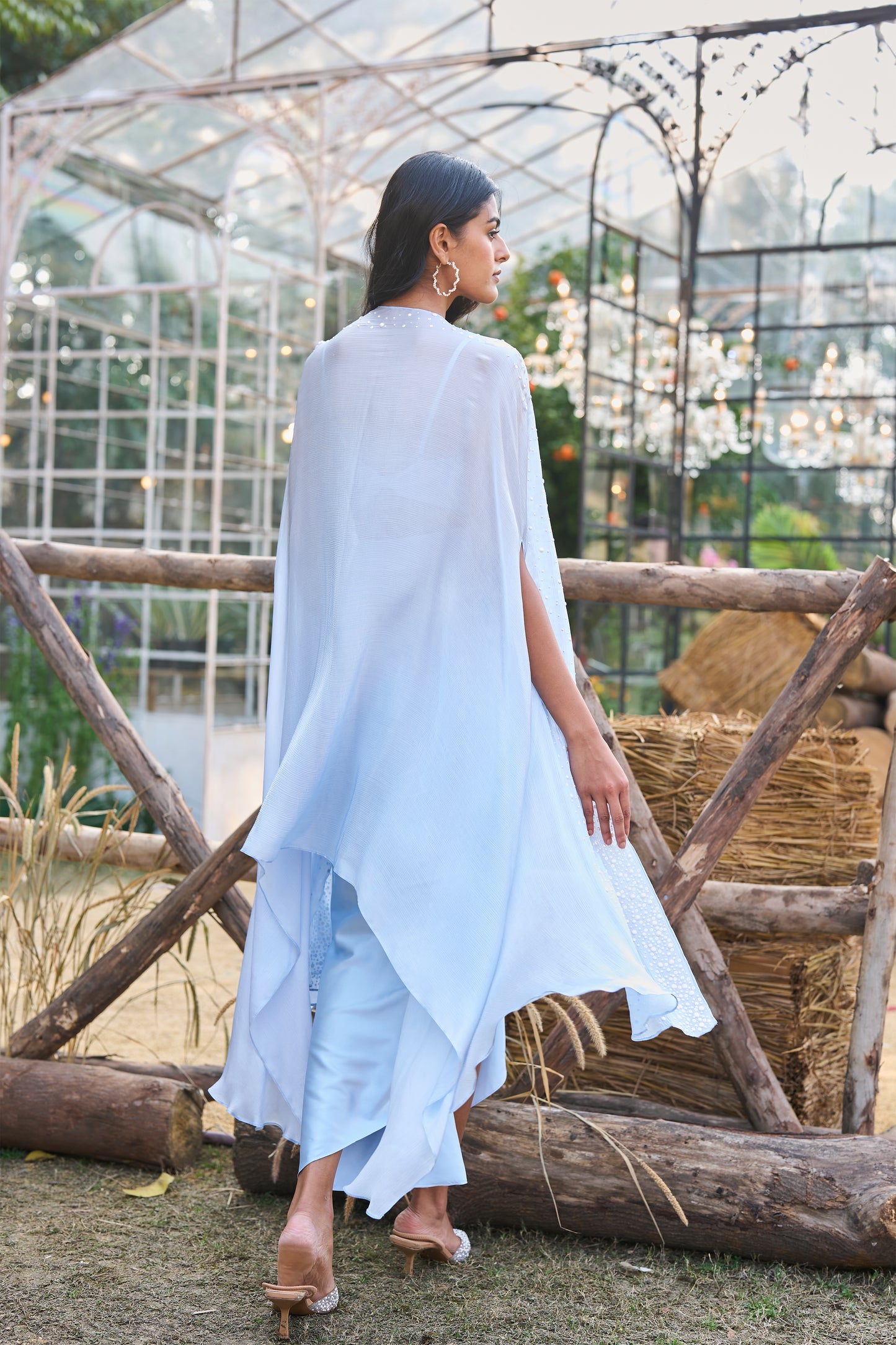 PEARL EMBROIDERED CAPE & BRALETTE WITH DRAPED SATIN SKIRT