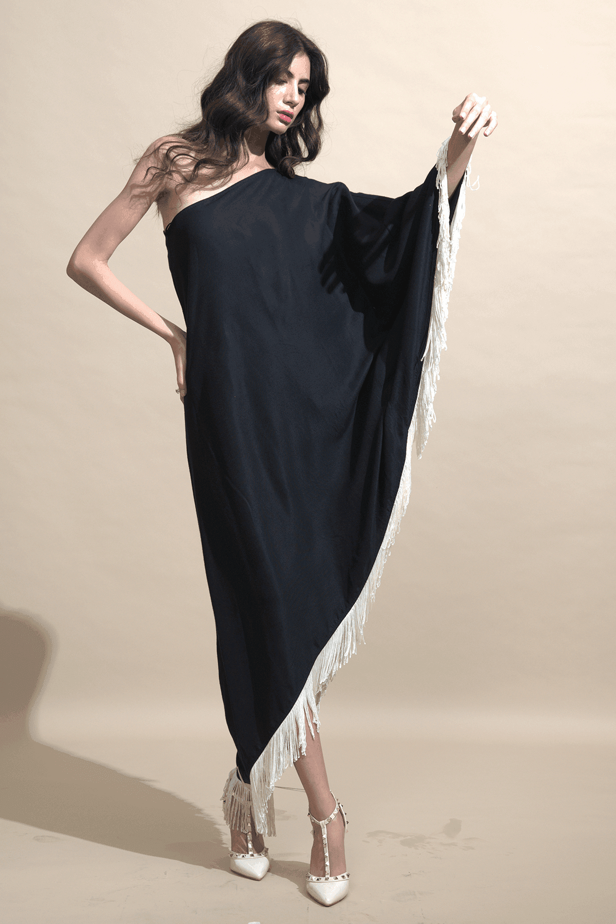 XXS / Black ONE SHOULDER FRINGE DRESS XXS / Black ONE SHOULDER FRINGE DRESS