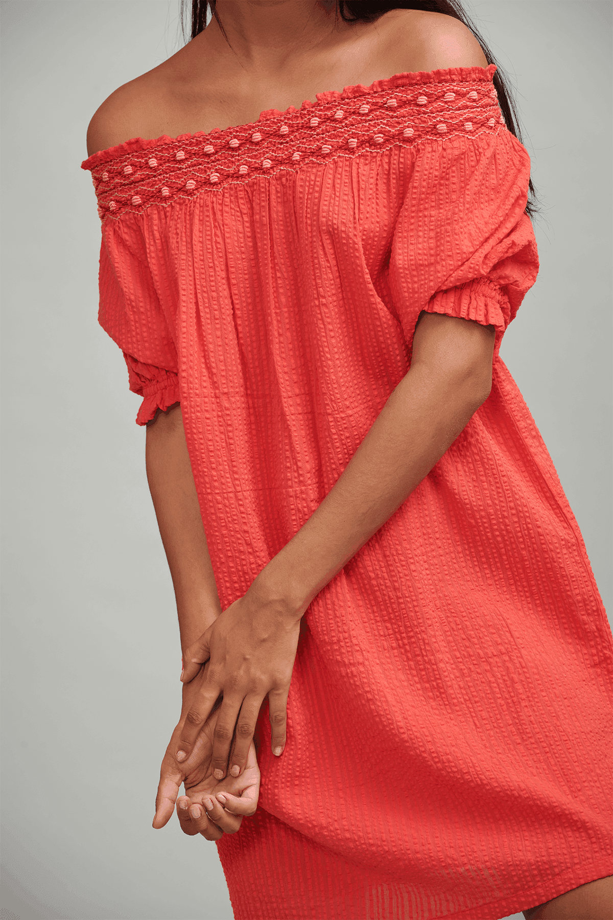 CORAL OFF-SHOULDER DRESS - dash and dot