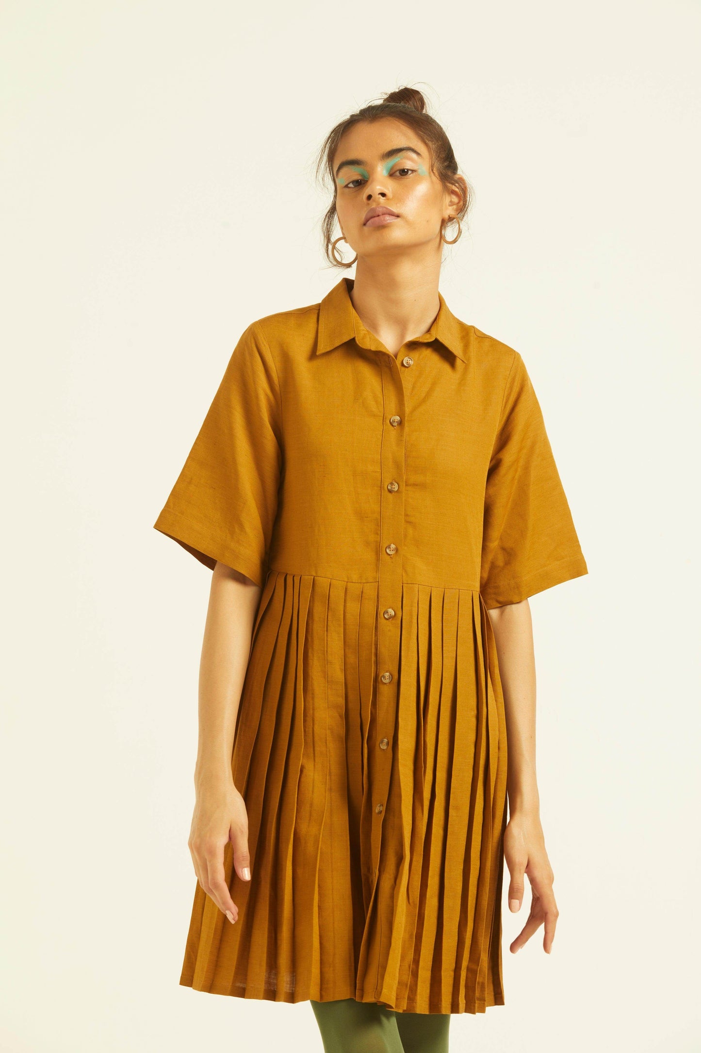 HALF SLEEVE ACCORDION PLEAT SHIRT DRESS - dash and dot