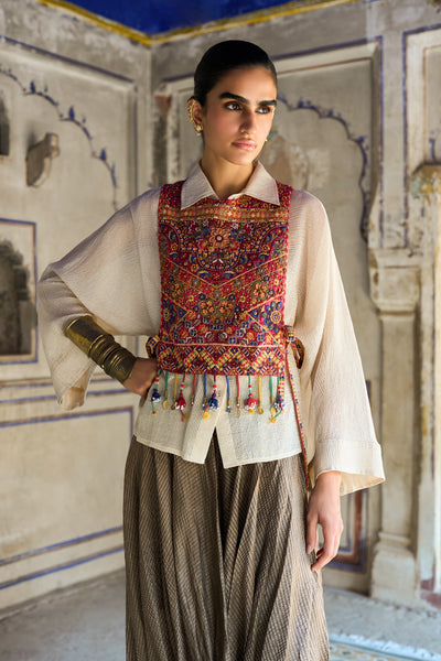 BENARES TISSUE STRUCTURED SHIRT WITH EMBROIDERED BIB & COWL DRAPE PANT