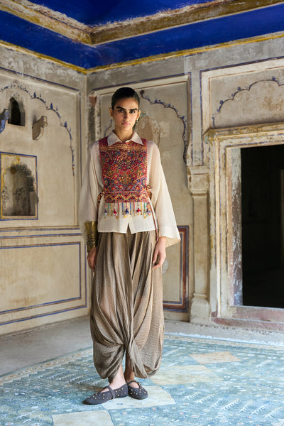 BENARES TISSUE STRUCTURED SHIRT WITH EMBROIDERED BIB & COWL DRAPE PANT