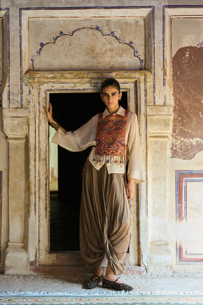 BENARES TISSUE STRUCTURED SHIRT WITH EMBROIDERED BIB & COWL DRAPE PANT