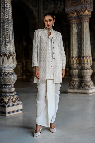 EMBROIDERED JACKET, LONGLINE SHIRT & DRAPED DHOTI PANT