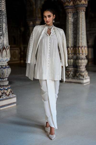 EMBROIDERED JACKET, LONGLINE SHIRT & DRAPED DHOTI PANT