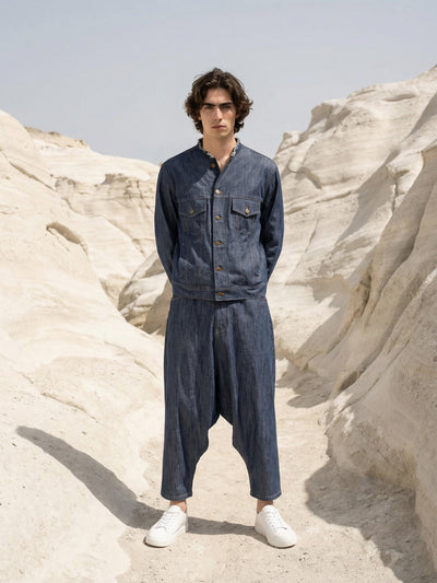 DENIM FRAYED JACKET AND DROP CROTCH PANT