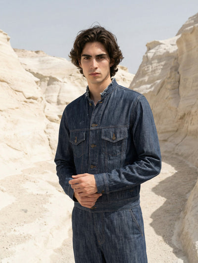 DENIM FRAYED JACKET AND DROP CROTCH PANT