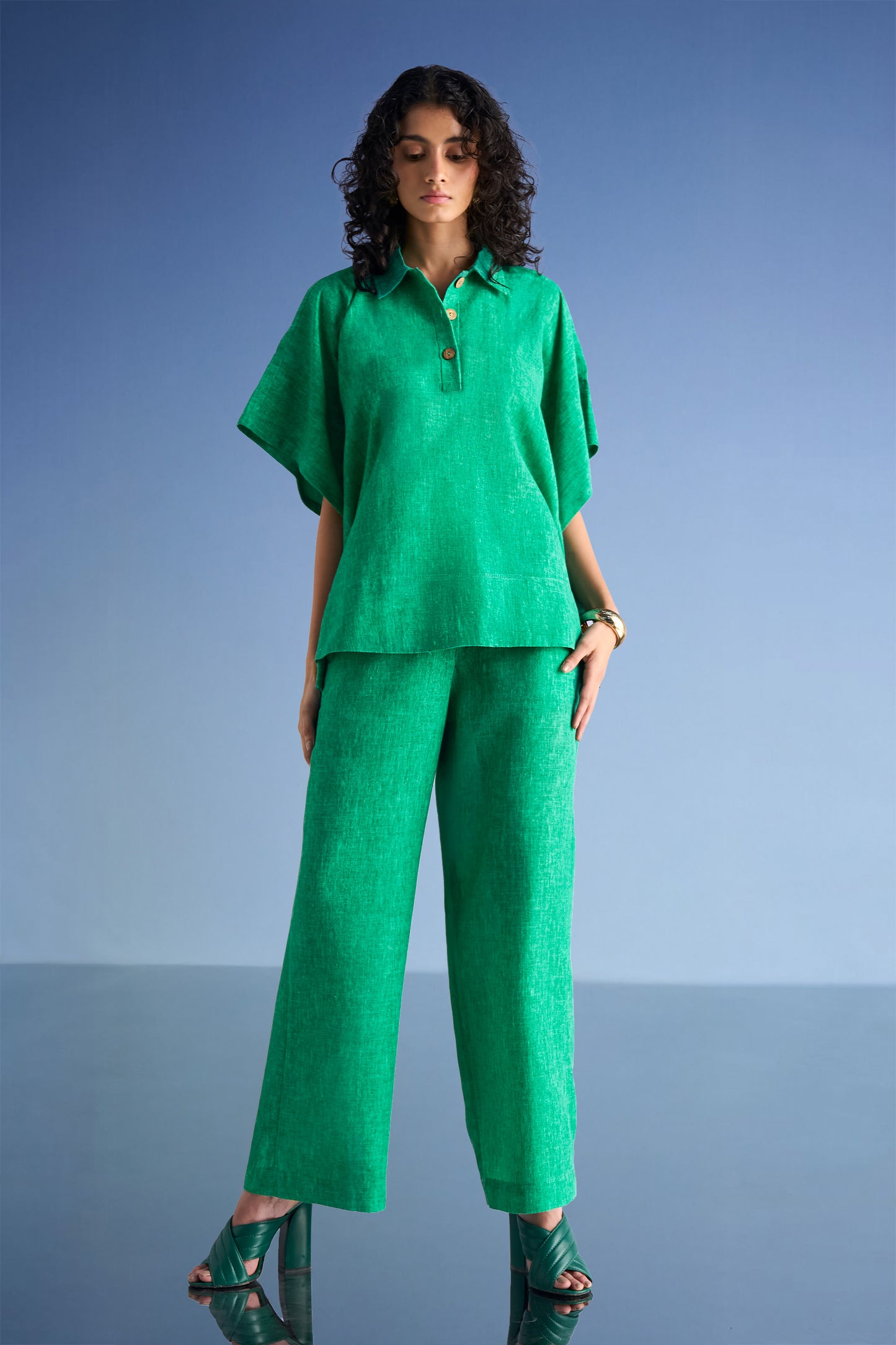 LINEN-TEXTURED KAFTAN TOP & STRAIGHT-CUT PANT SET
