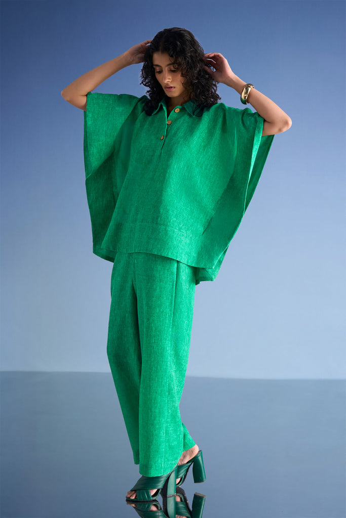 LINEN-TEXTURED KAFTAN TOP & STRAIGHT-CUT PANT SET dash and dot