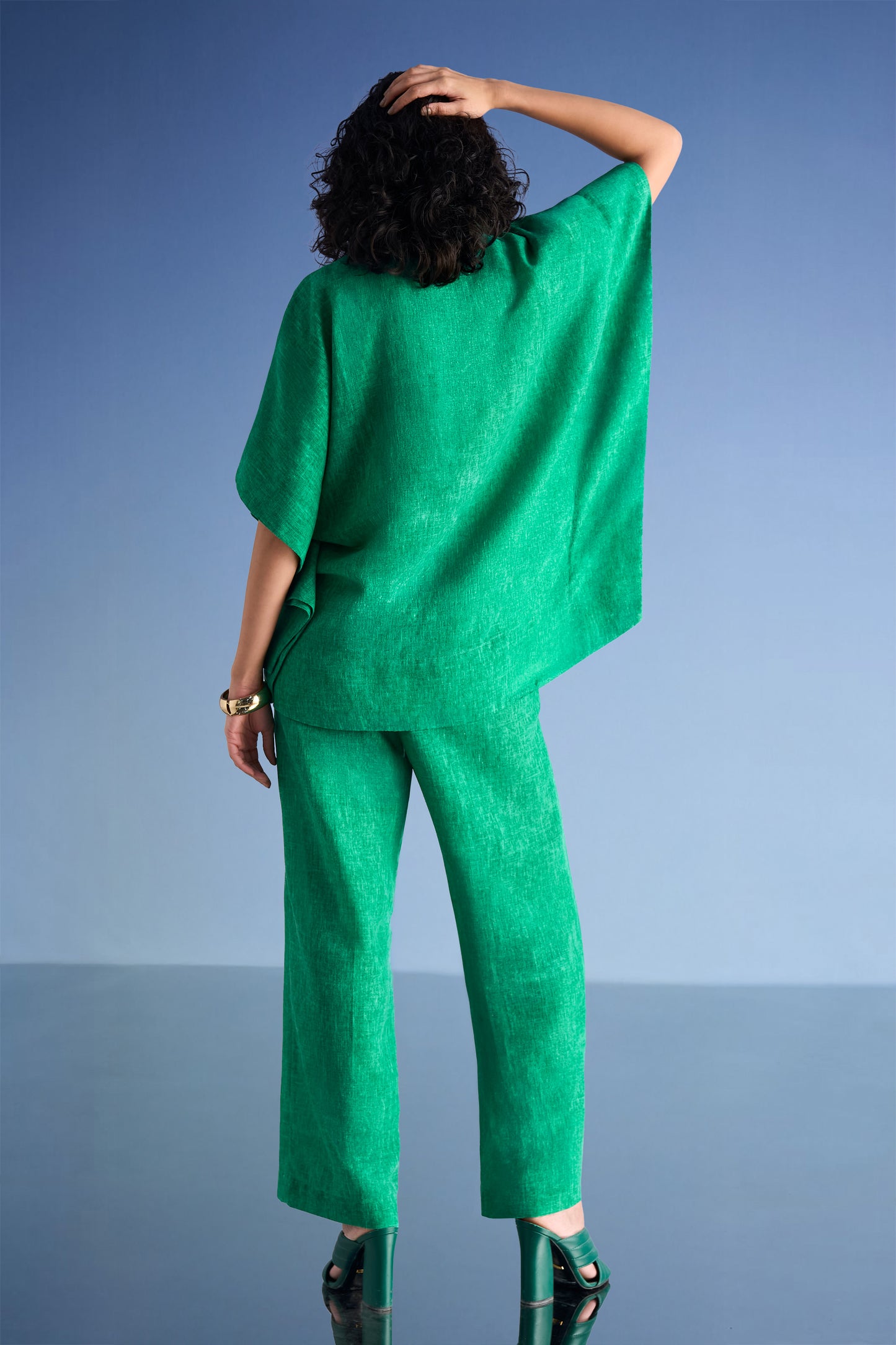 LINEN-TEXTURED KAFTAN TOP & STRAIGHT-CUT PANT SET
