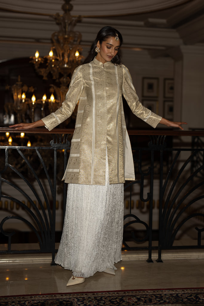 BENARES SILK BROCADE LONGLINE JACKET & CRUSHED CRINKLED MAXI SKIRT dash and dot