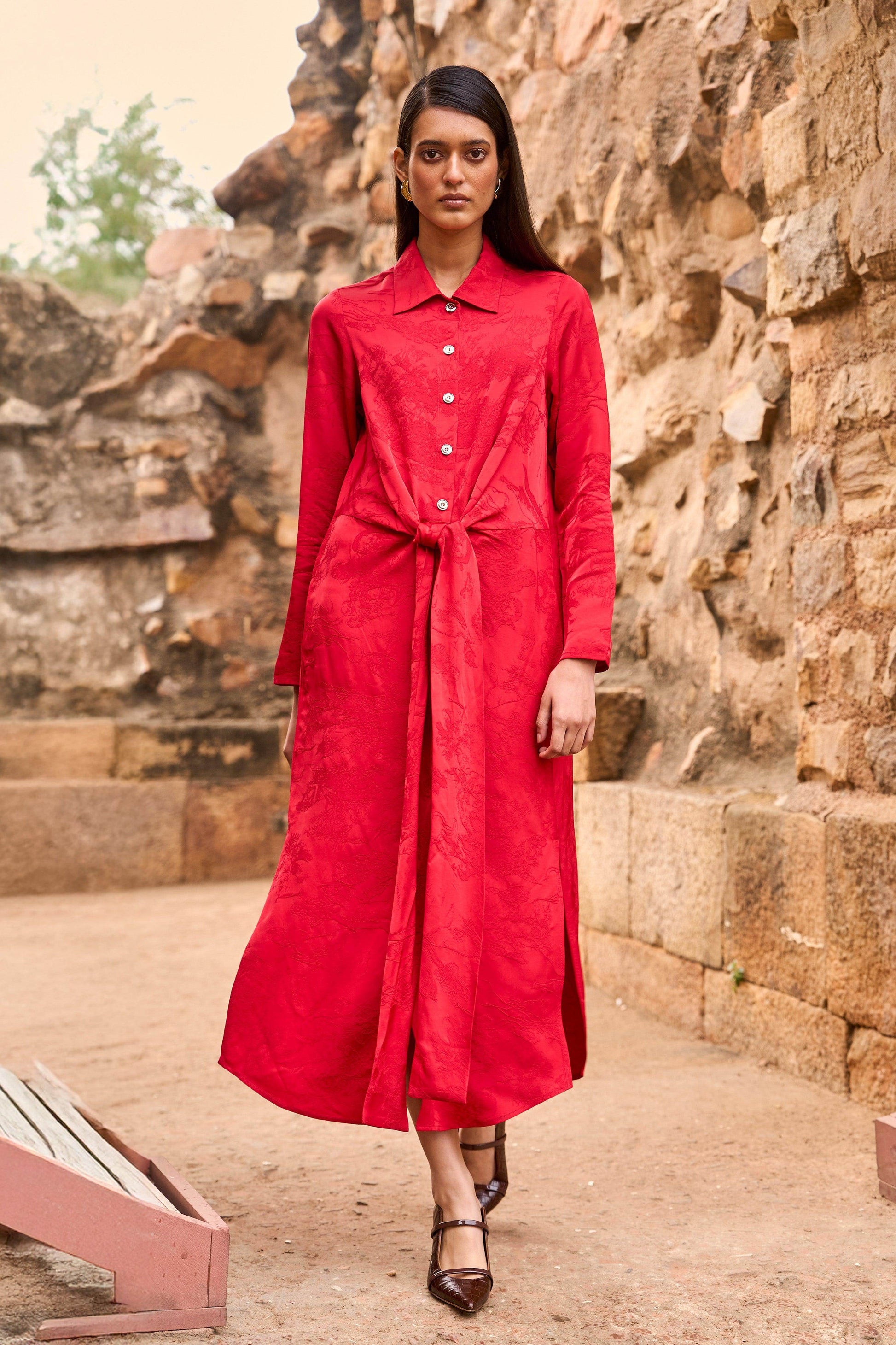RED JACQUARD SHIRT DRESS - dash and dot