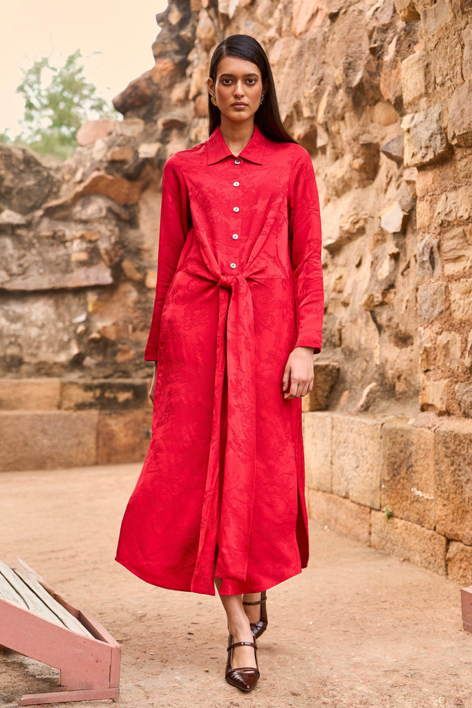 RED JACQUARD SHIRT DRESS - dash and dot dash and dot