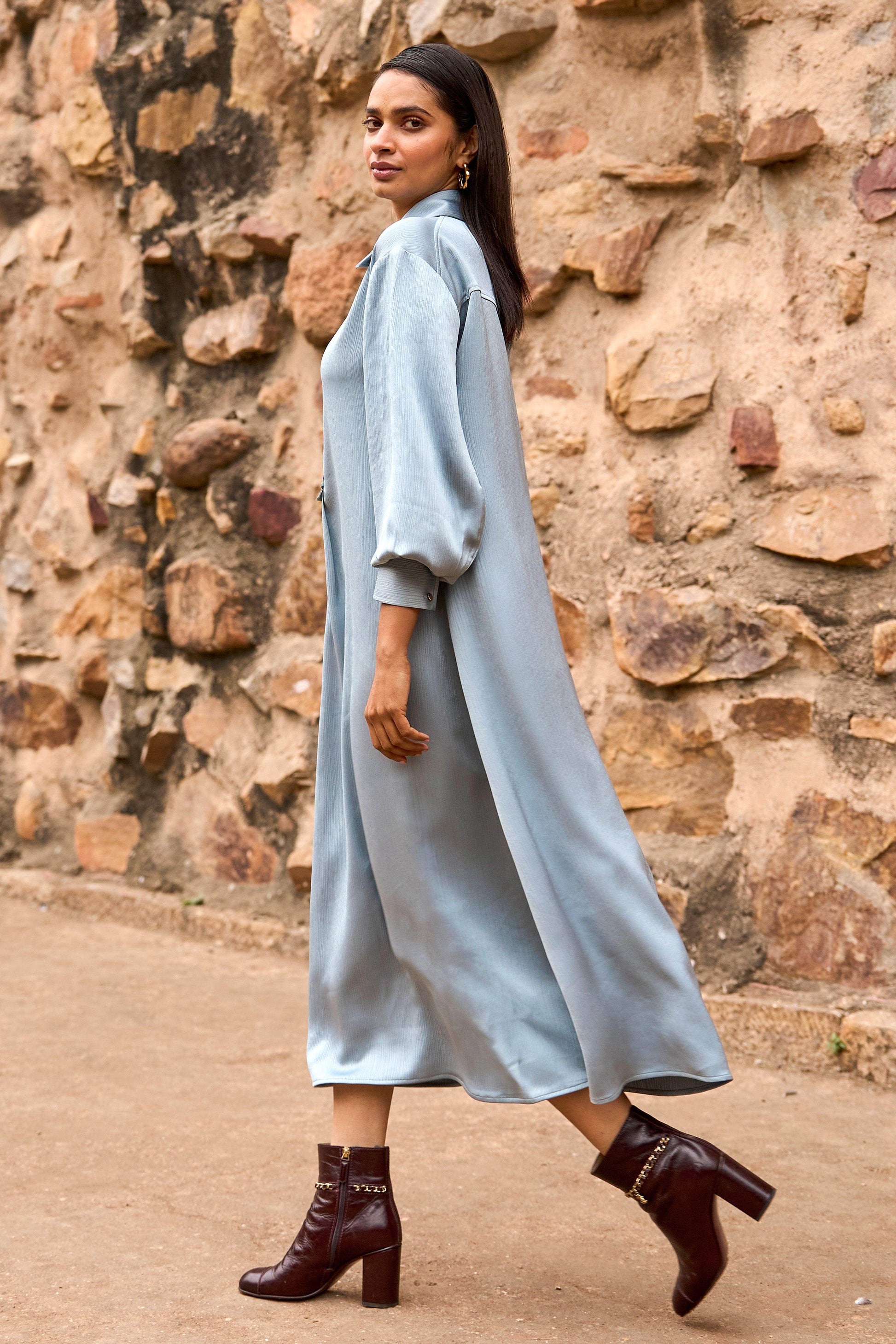 TEXTURED SATIN SHIRT DRESS - dash and dot