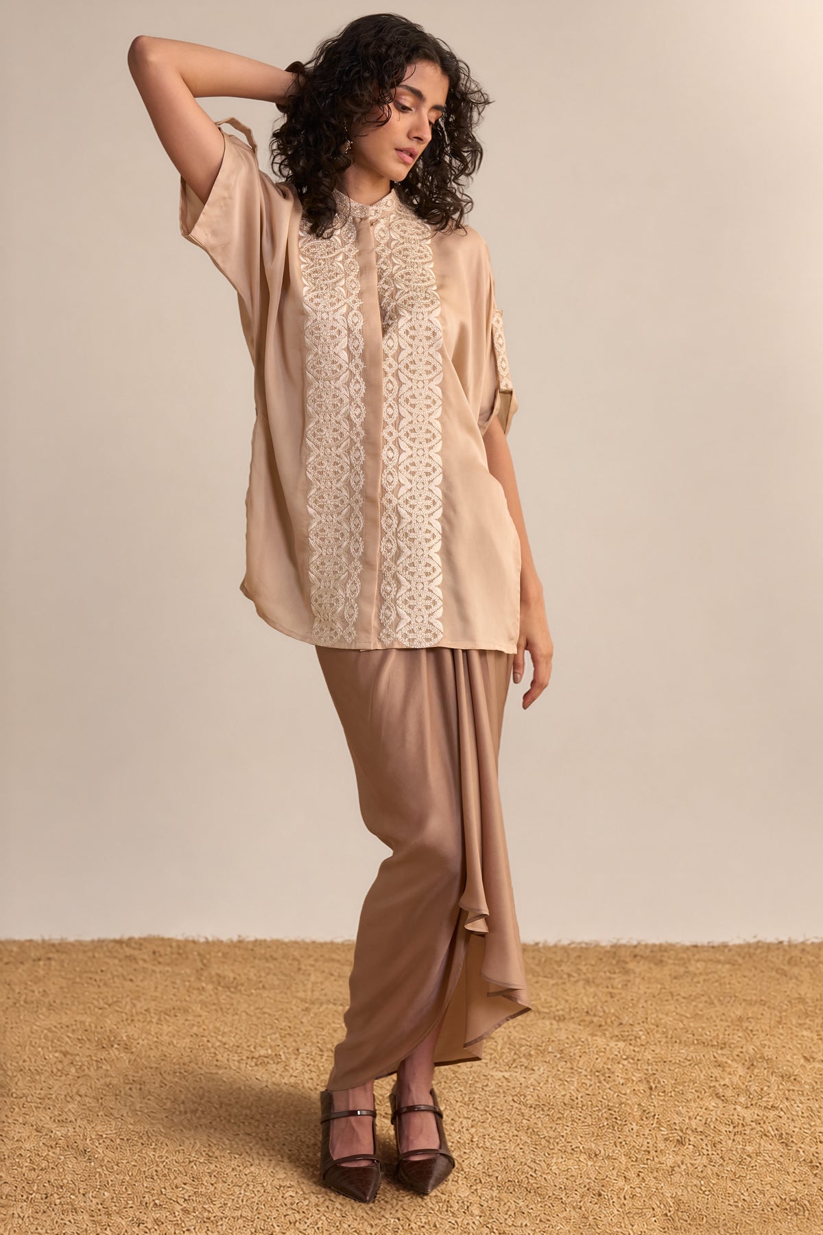 LACE EMBROIDERED SATIN TOP