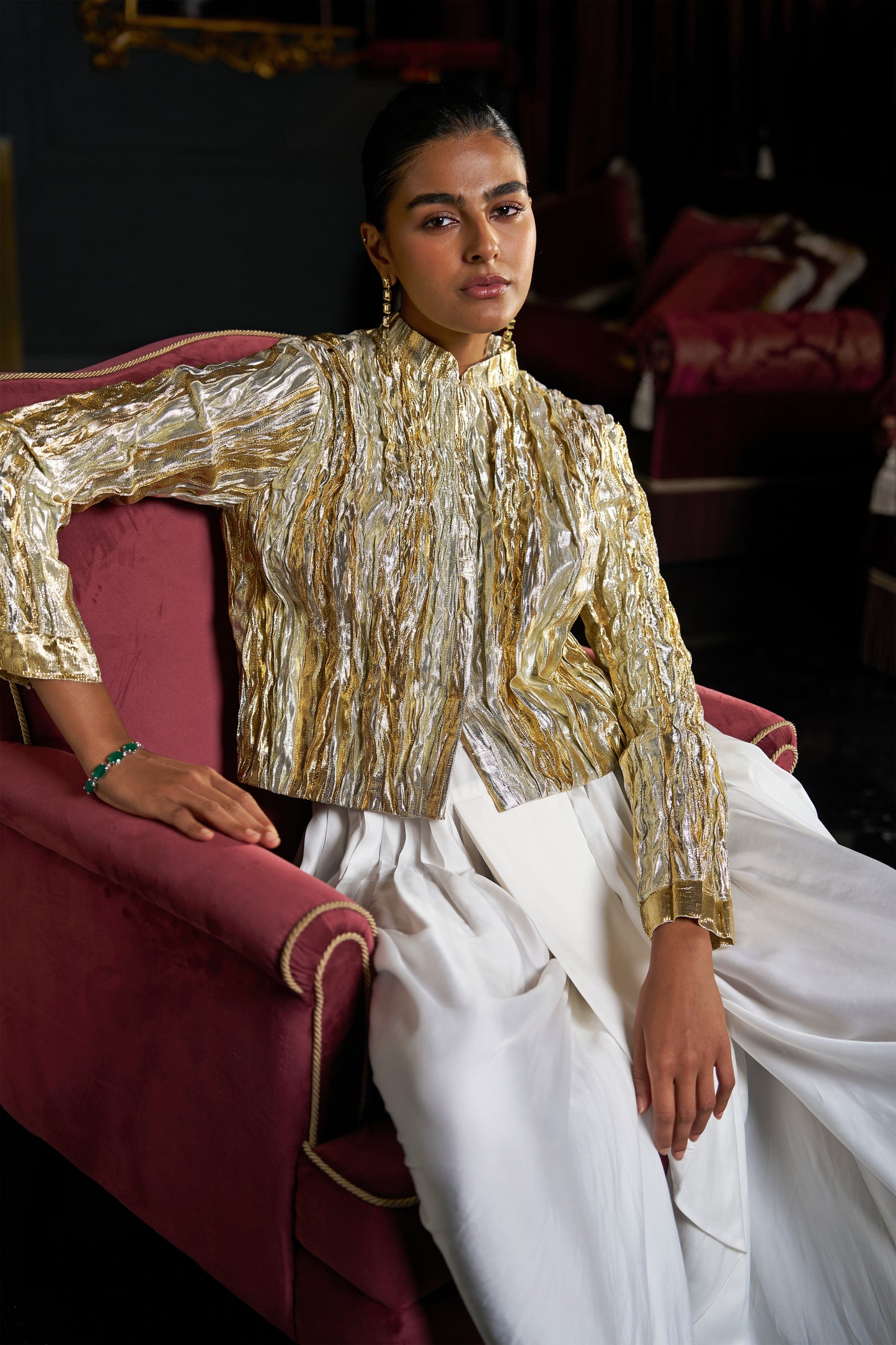 CRUSHED GOTA WEAVE BOLERO & IVORY COWL PANT