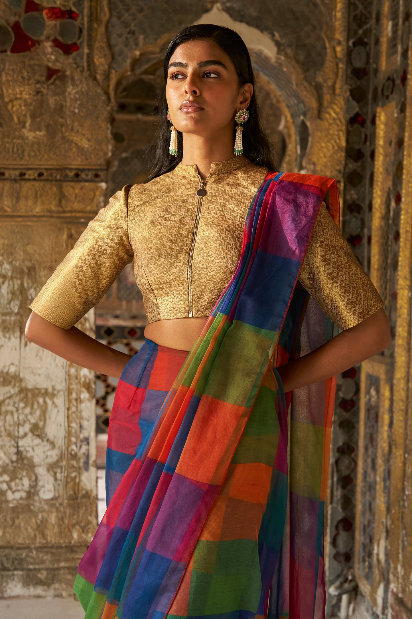 MULTICOLOUR CHECK SARI DRAPE SKIRT SET