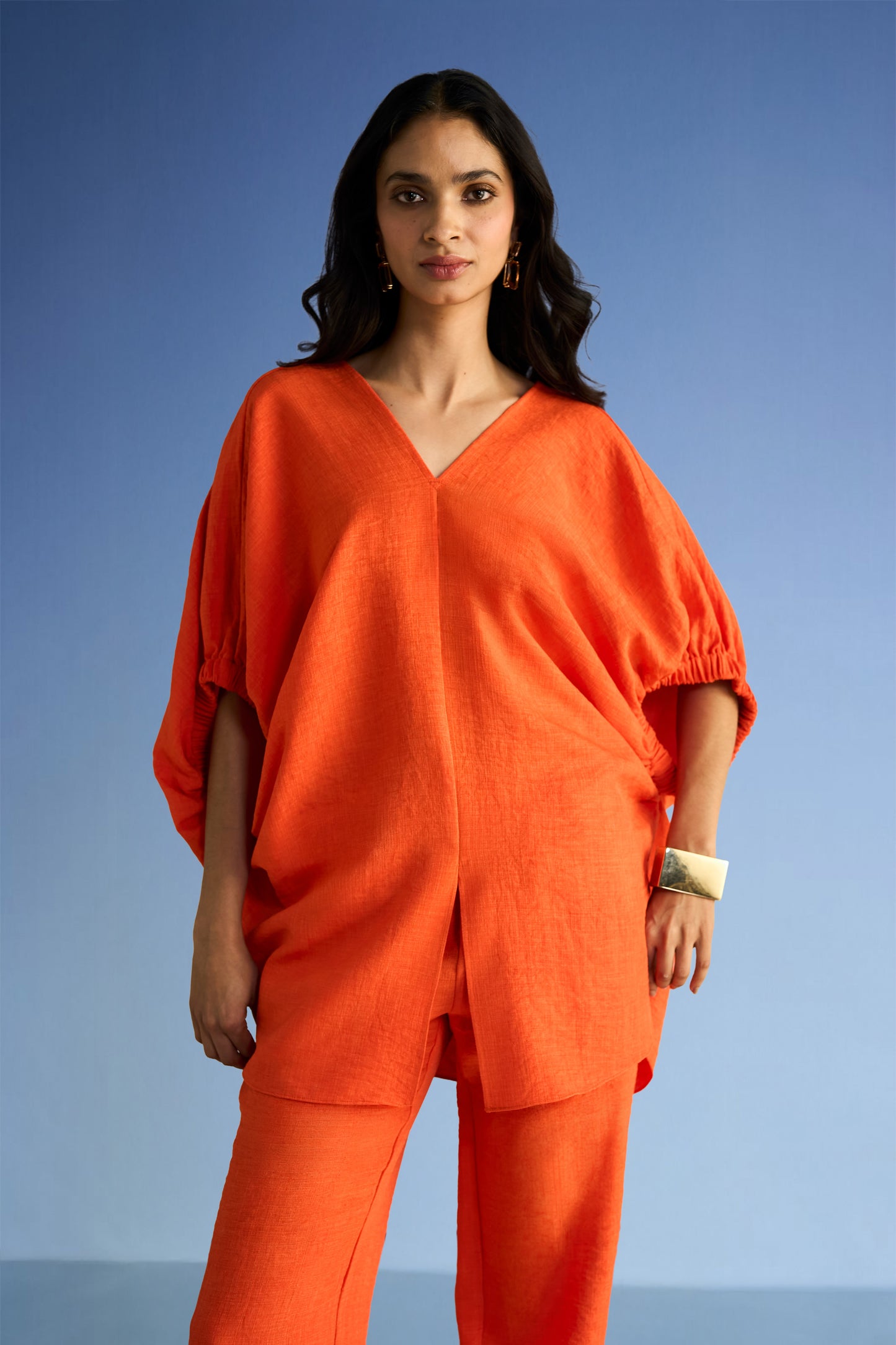 LINEN-TEXTURED LONGLINE BOXY FIT TOP & RELAXED FIT PANT SET