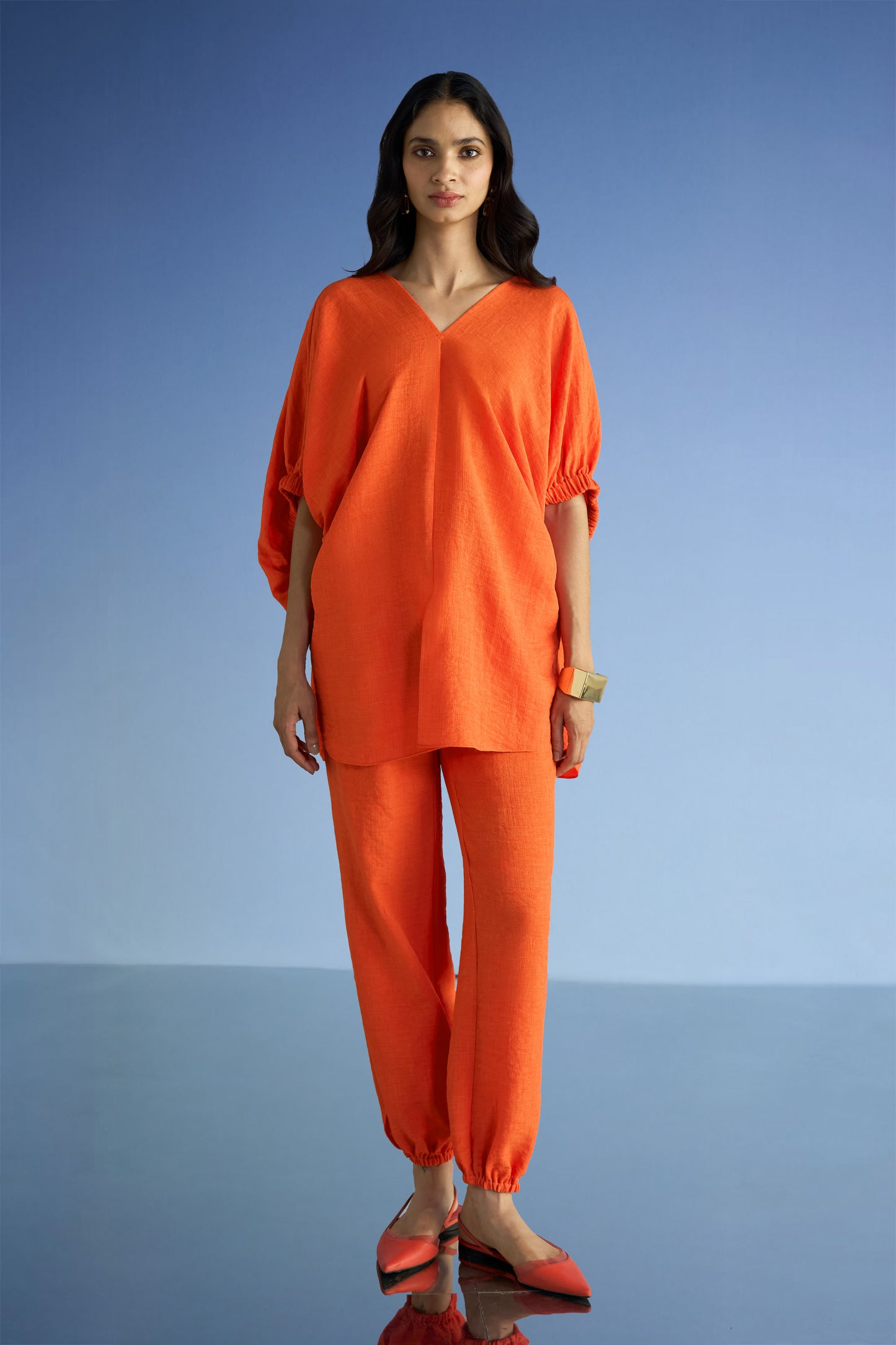 LINEN-TEXTURED LONGLINE BOXY FIT TOP & RELAXED FIT PANT SET