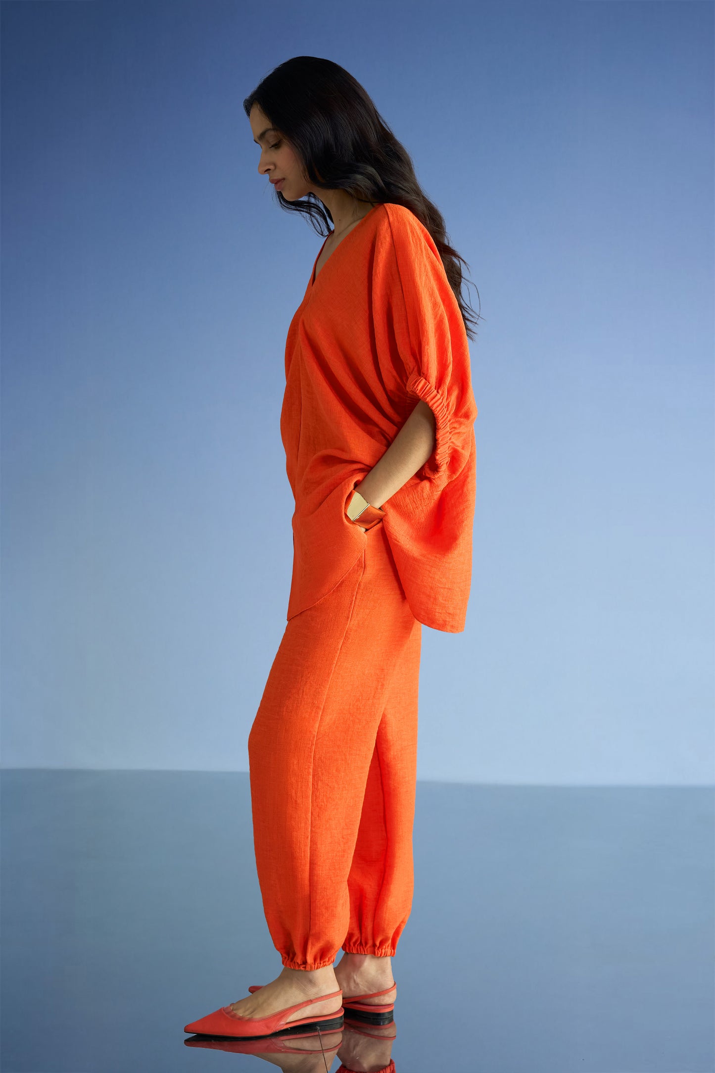 LINEN-TEXTURED LONGLINE BOXY FIT TOP & RELAXED FIT PANT SET